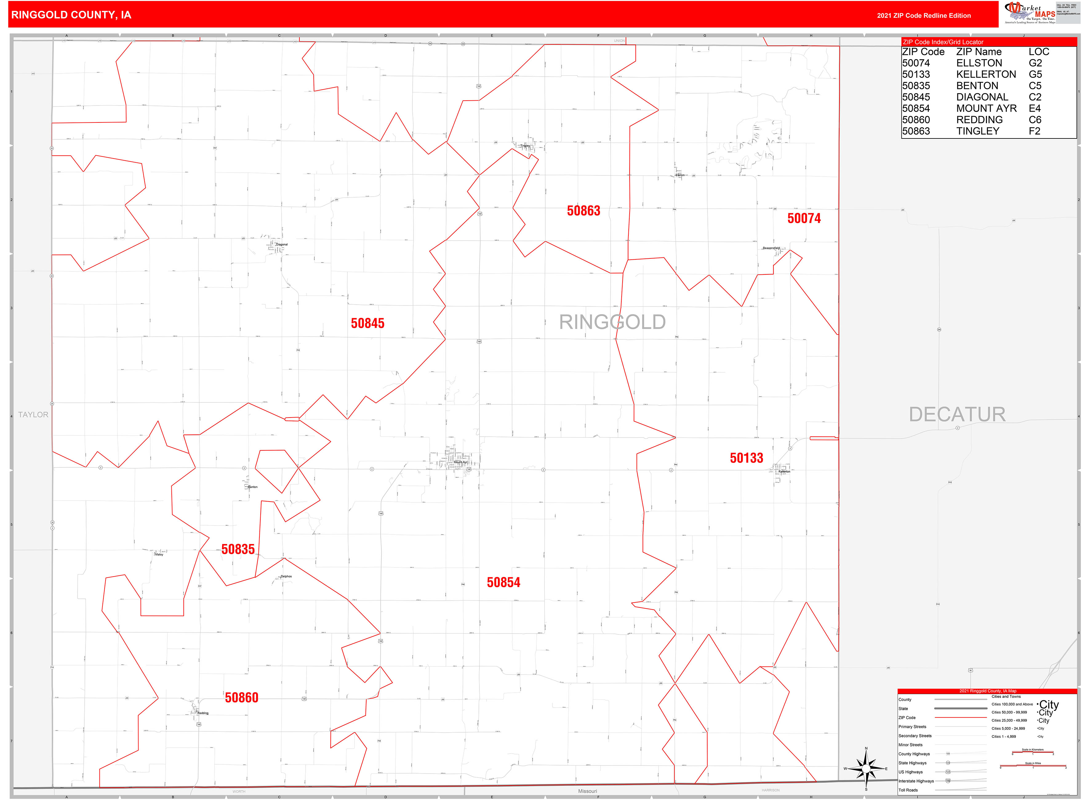 Ringgold County, IA Zip Code Wall Map Red Line Style by MarketMAPS
