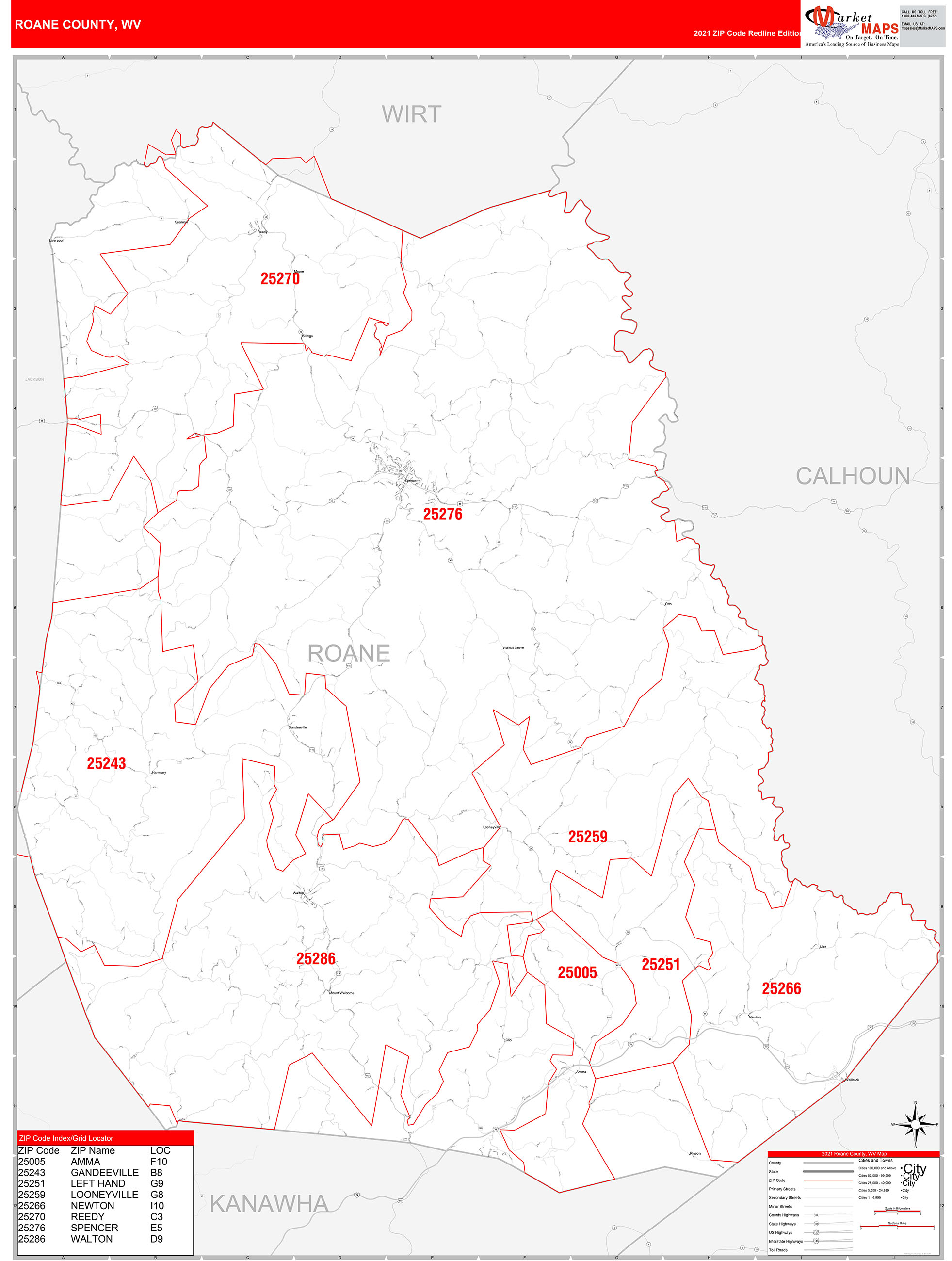 Roane County, WV Zip Code Wall Map Red Line Style by MarketMAPS MapSales