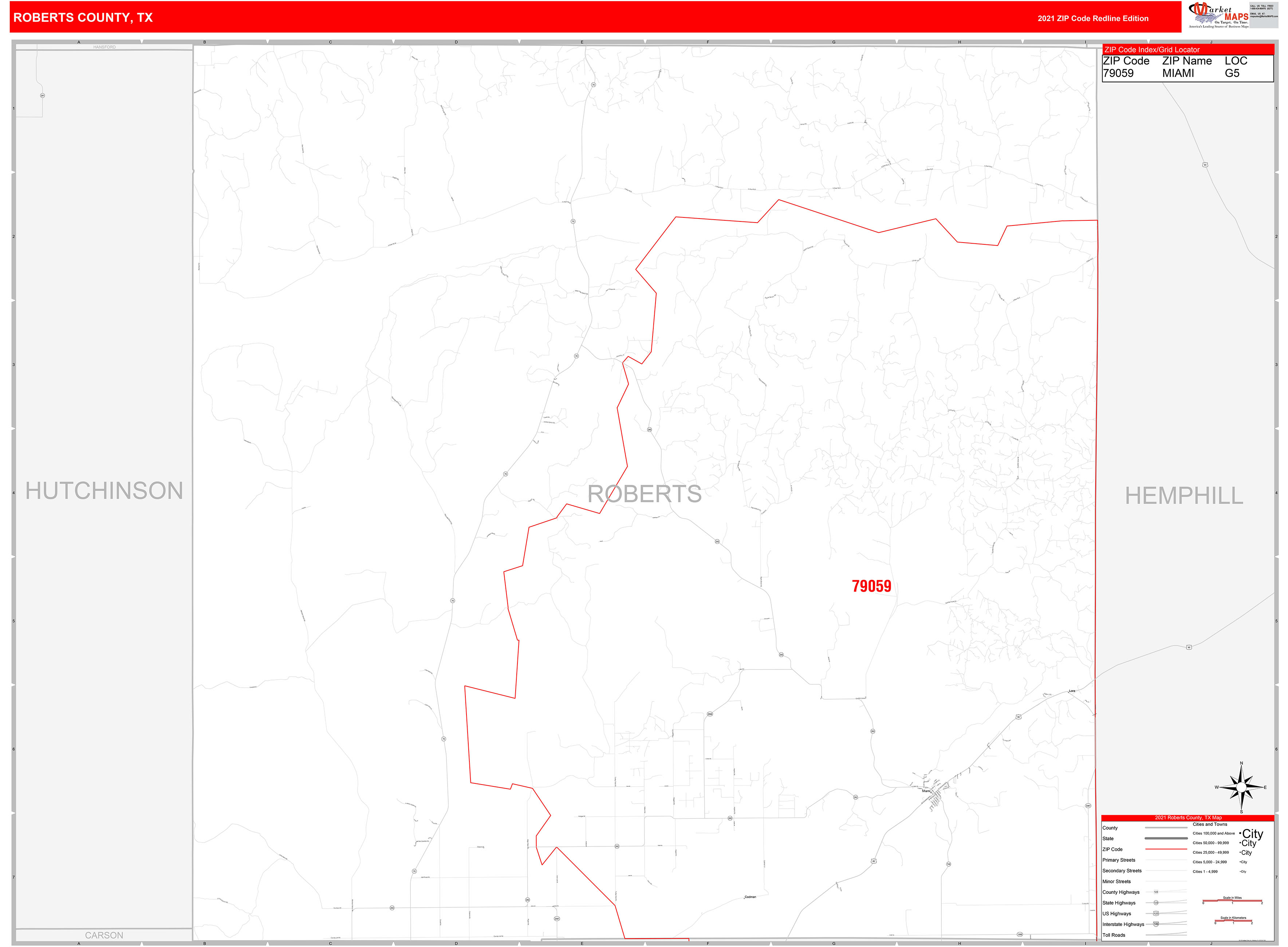Roberts County, TX Zip Code Wall Map Red Line Style by MarketMAPS