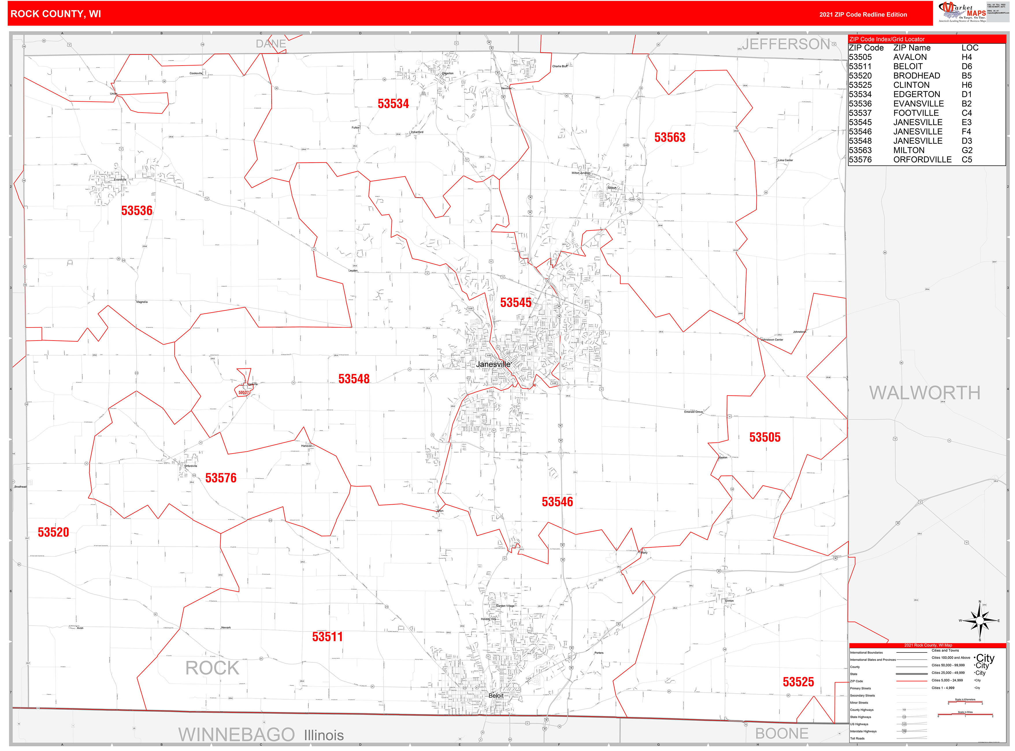 Rock County, WI Zip Code Wall Map Red Line Style by MarketMAPS