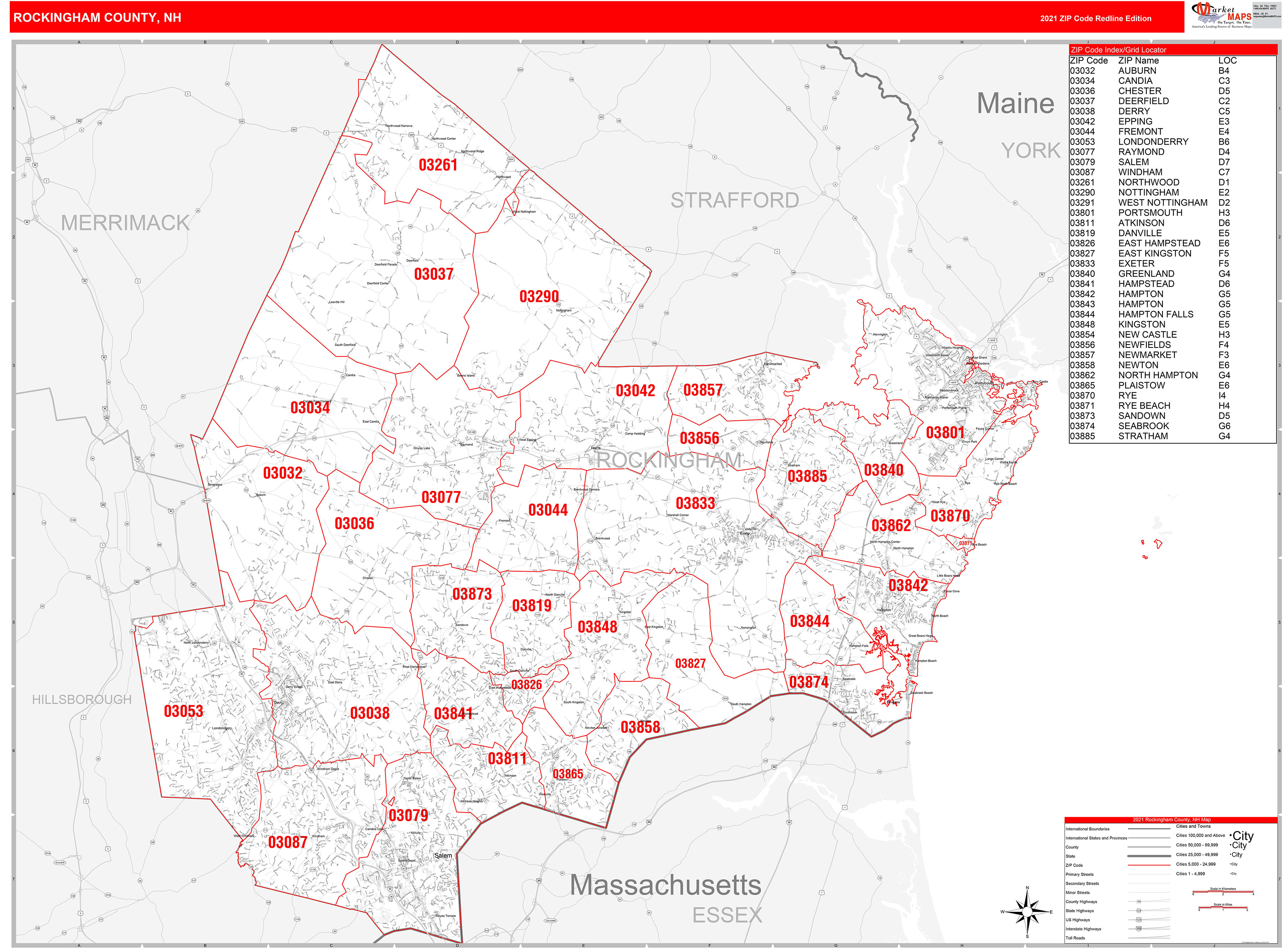 Rockingham County Nh Zip Code Wall Map Red Line Style By Marketmaps