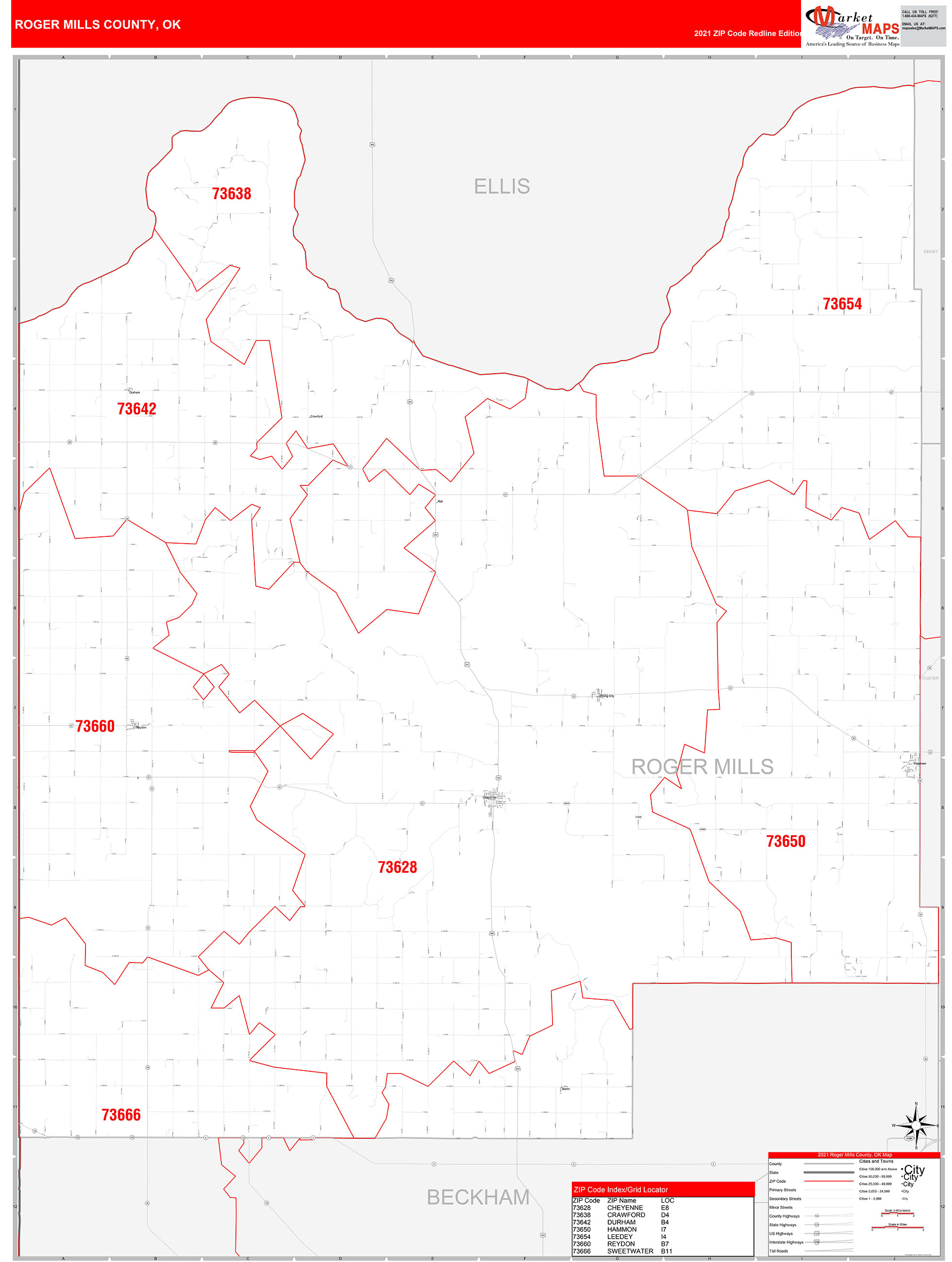 Roger Mills County, OK Zip Code Wall Map Red Line Style by MarketMAPS