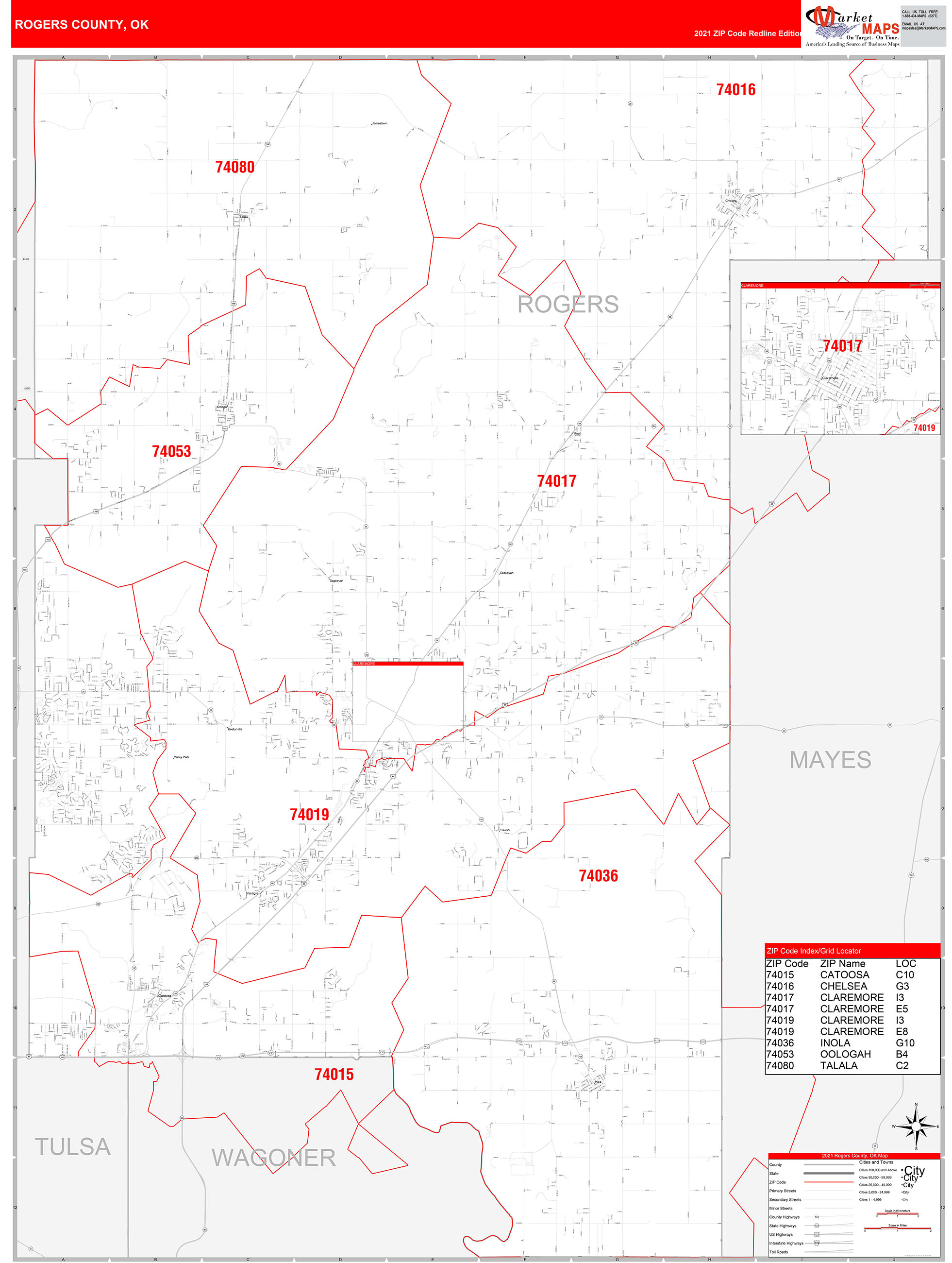 Rogers County, OK Zip Code Wall Map Red Line Style by MarketMAPS MapSales