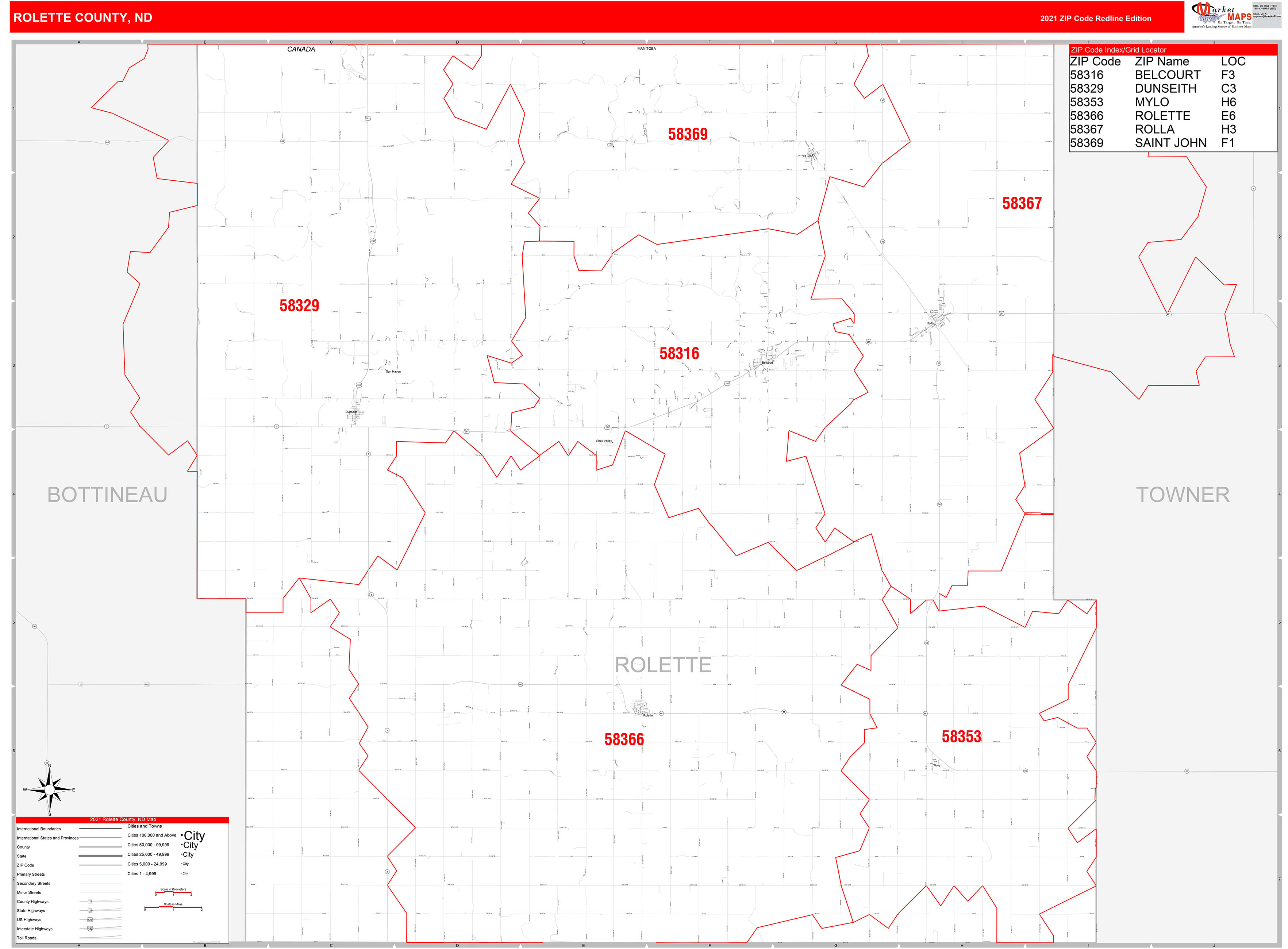 Rolette County, ND Zip Code Wall Map Red Line Style by MarketMAPS