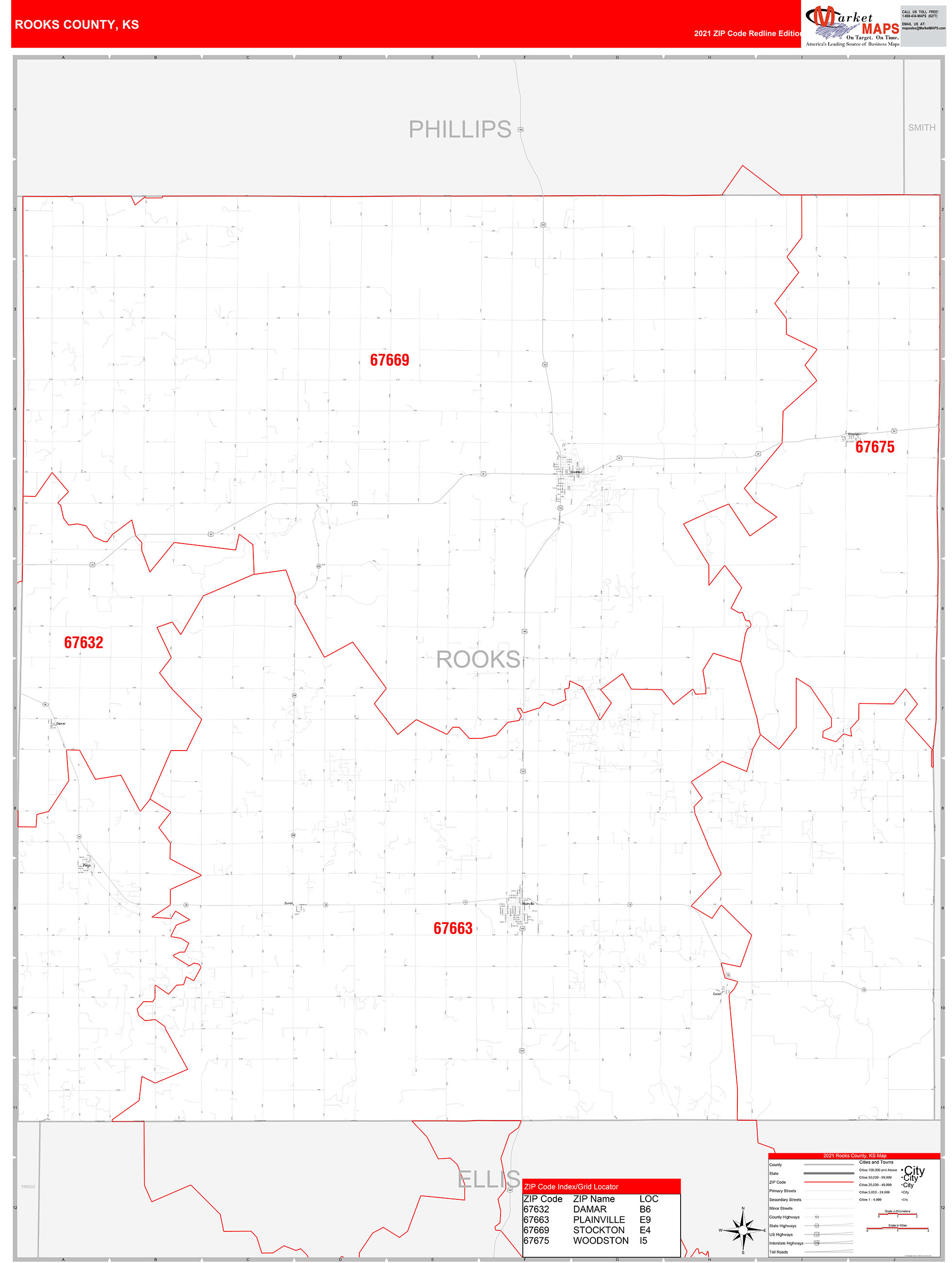 Rooks County, KS Zip Code Wall Map Red Line Style by MarketMAPS