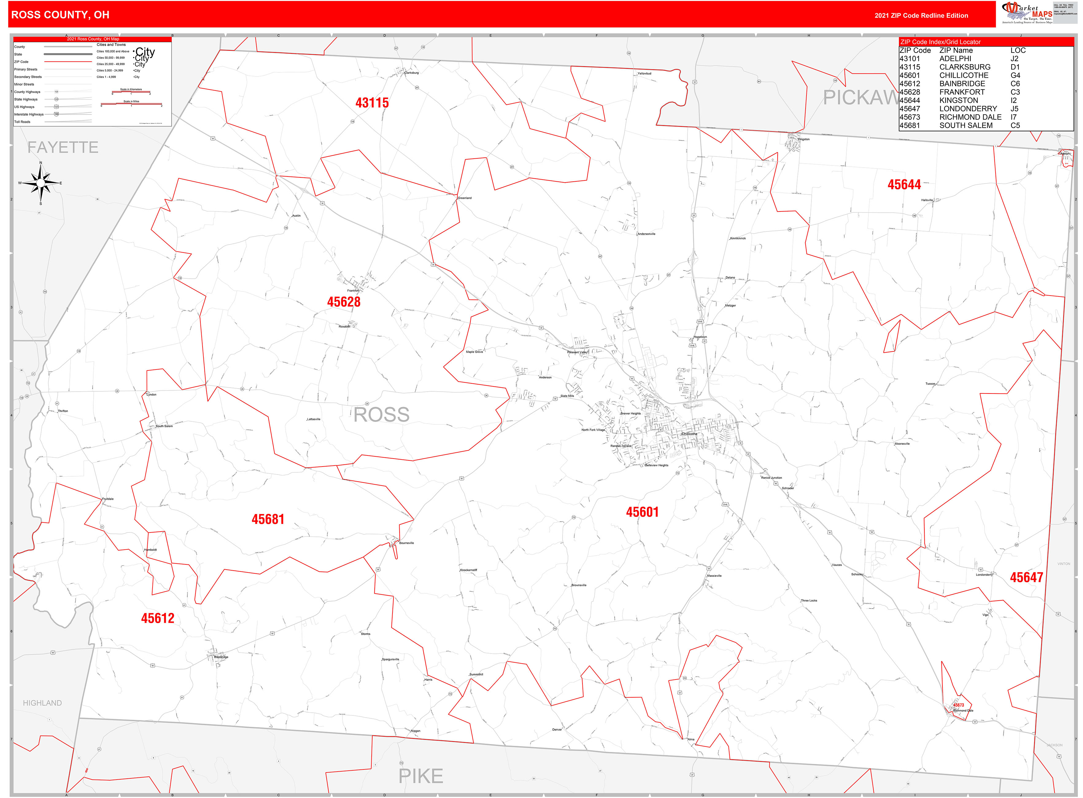 Ross County, OH Zip Code Wall Map Red Line Style by MarketMAPS MapSales