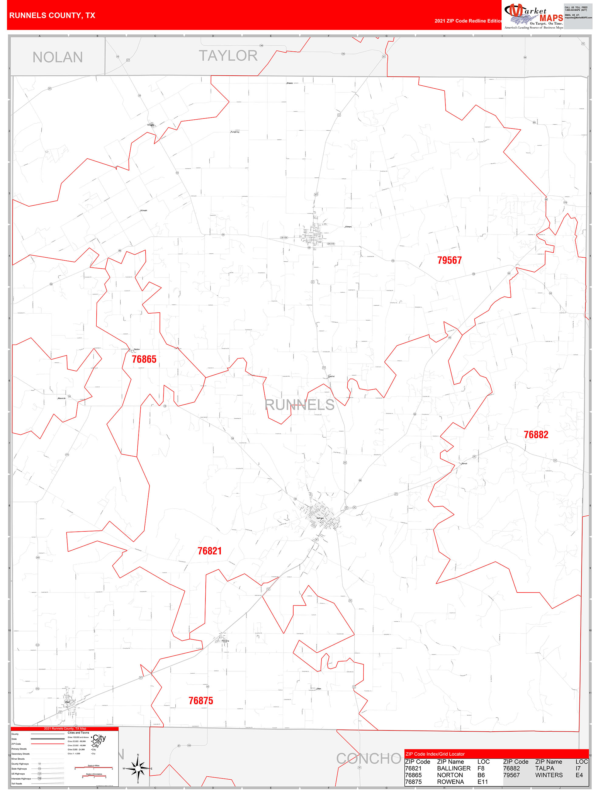Runnels County, TX Zip Code Wall Map Red Line Style by MarketMAPS