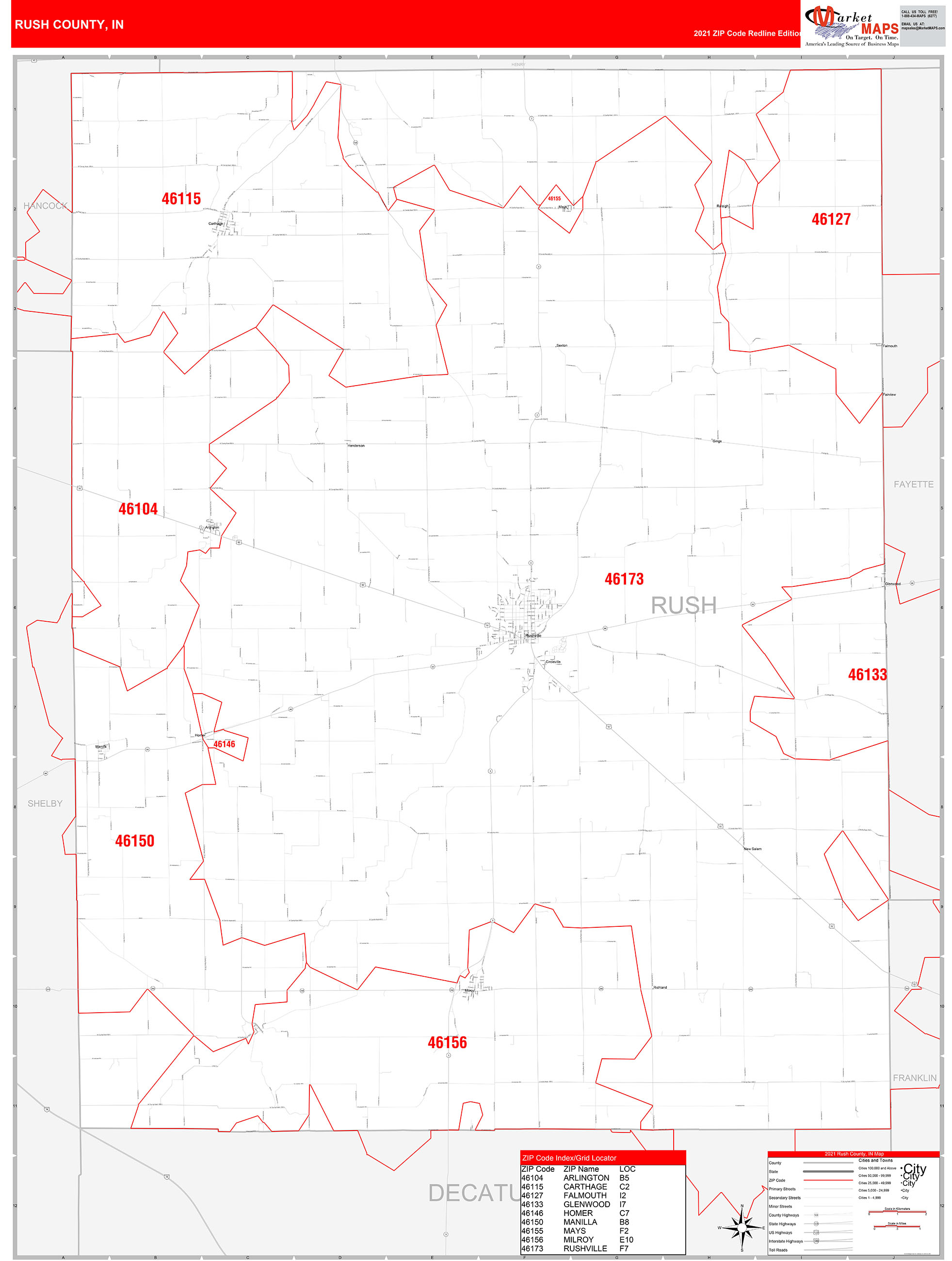 Rush County, IN Zip Code Wall Map Red Line Style by MarketMAPS