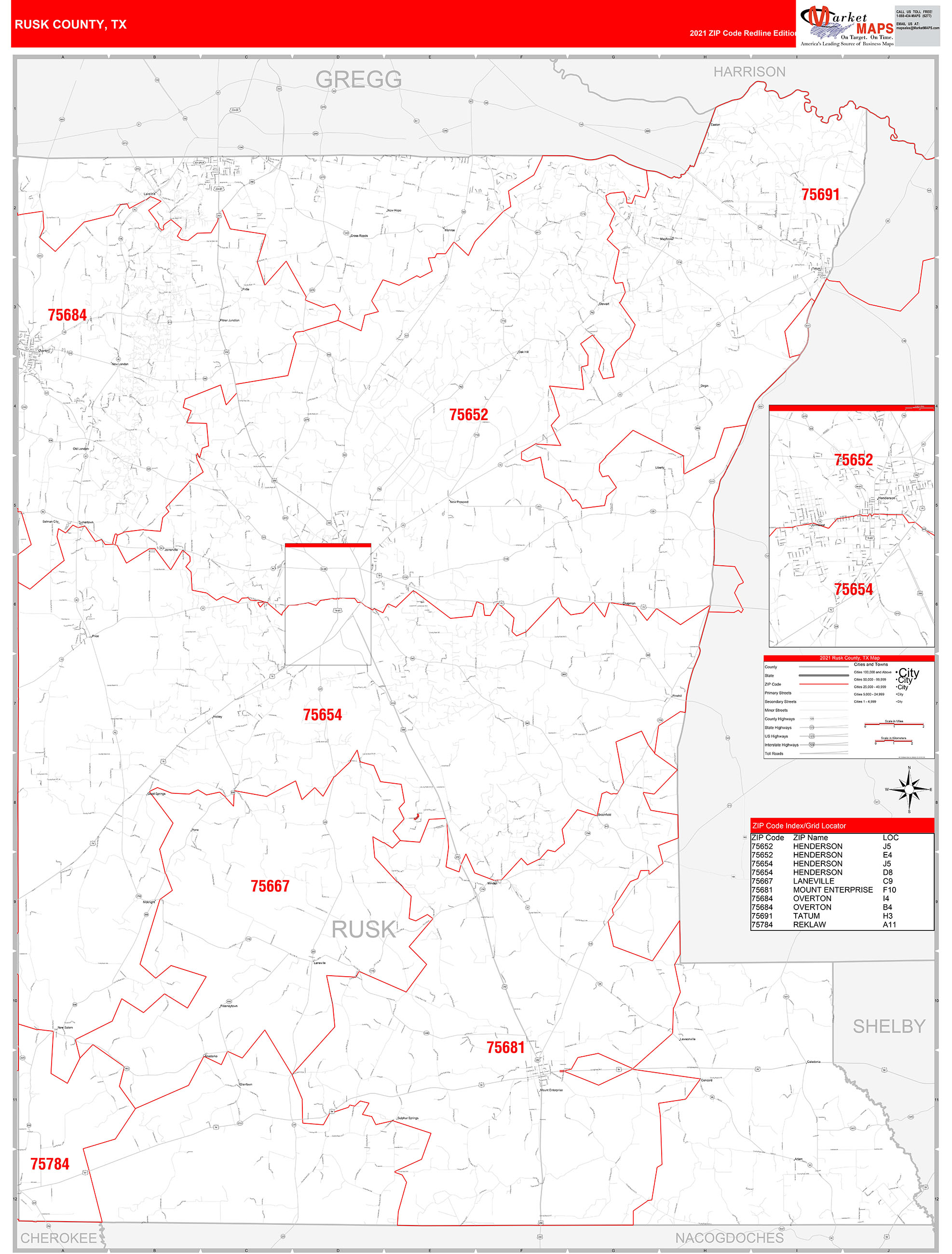 Rusk County, TX Zip Code Wall Map Red Line Style by MarketMAPS MapSales