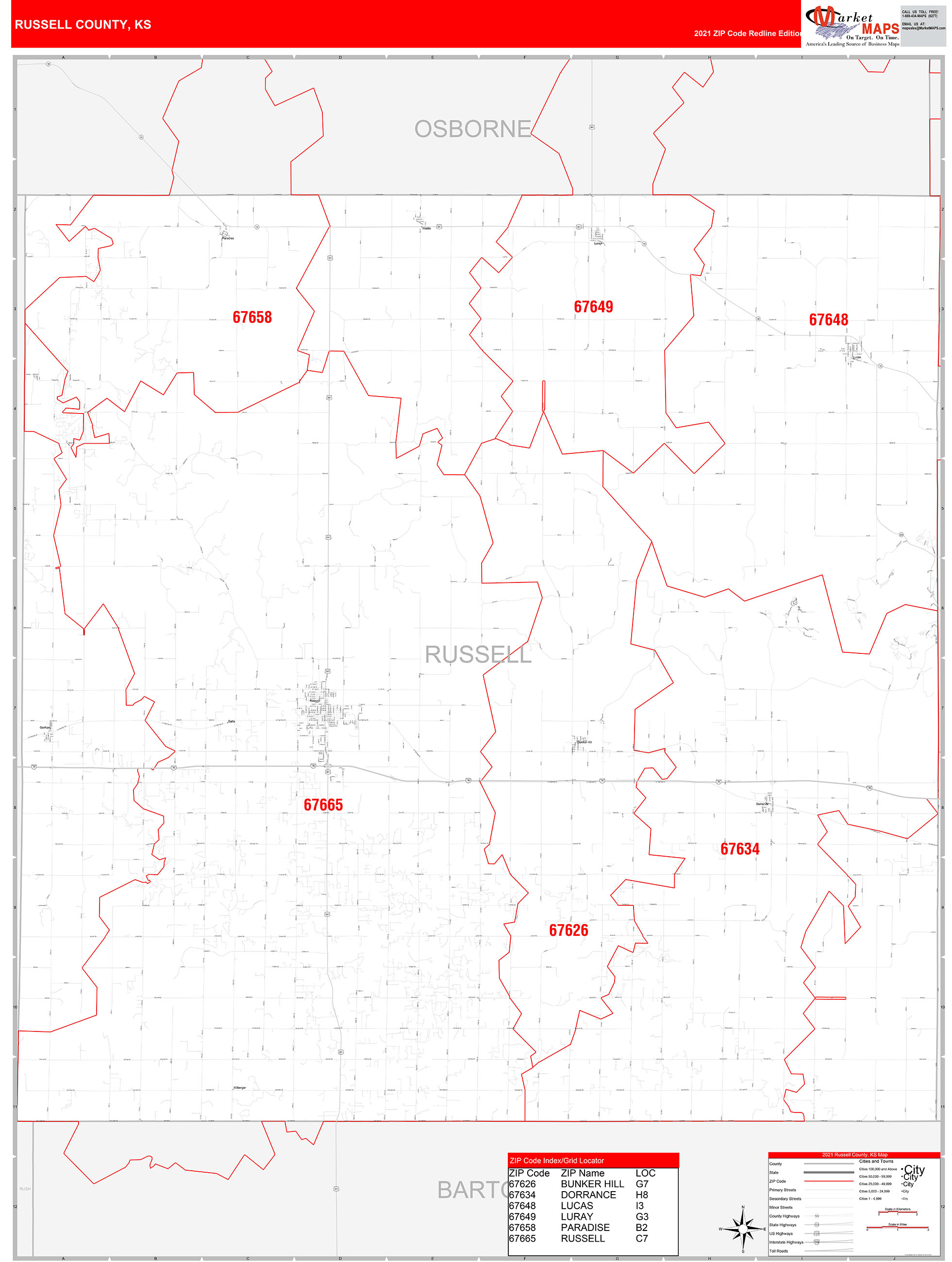 Russell County, KS Zip Code Wall Map Red Line Style by MarketMAPS