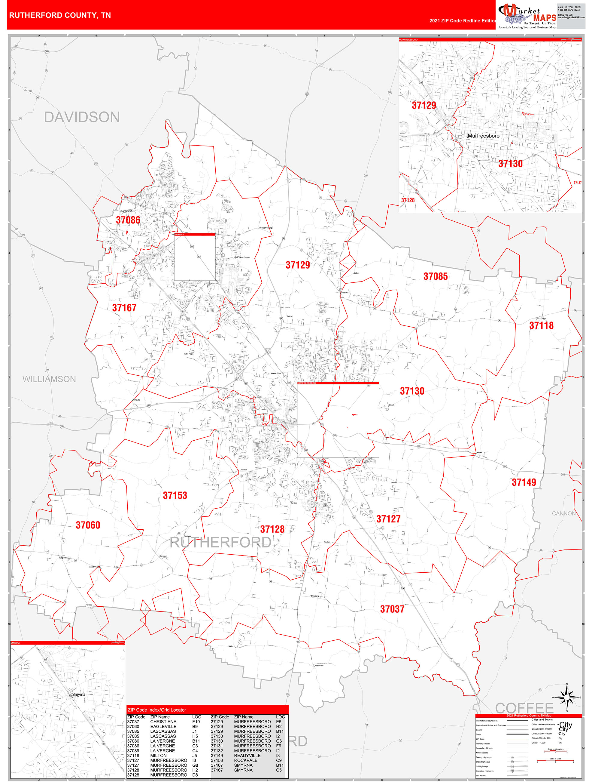 Rutherford County, TN Zip Code Wall Map Red Line Style by MarketMAPS