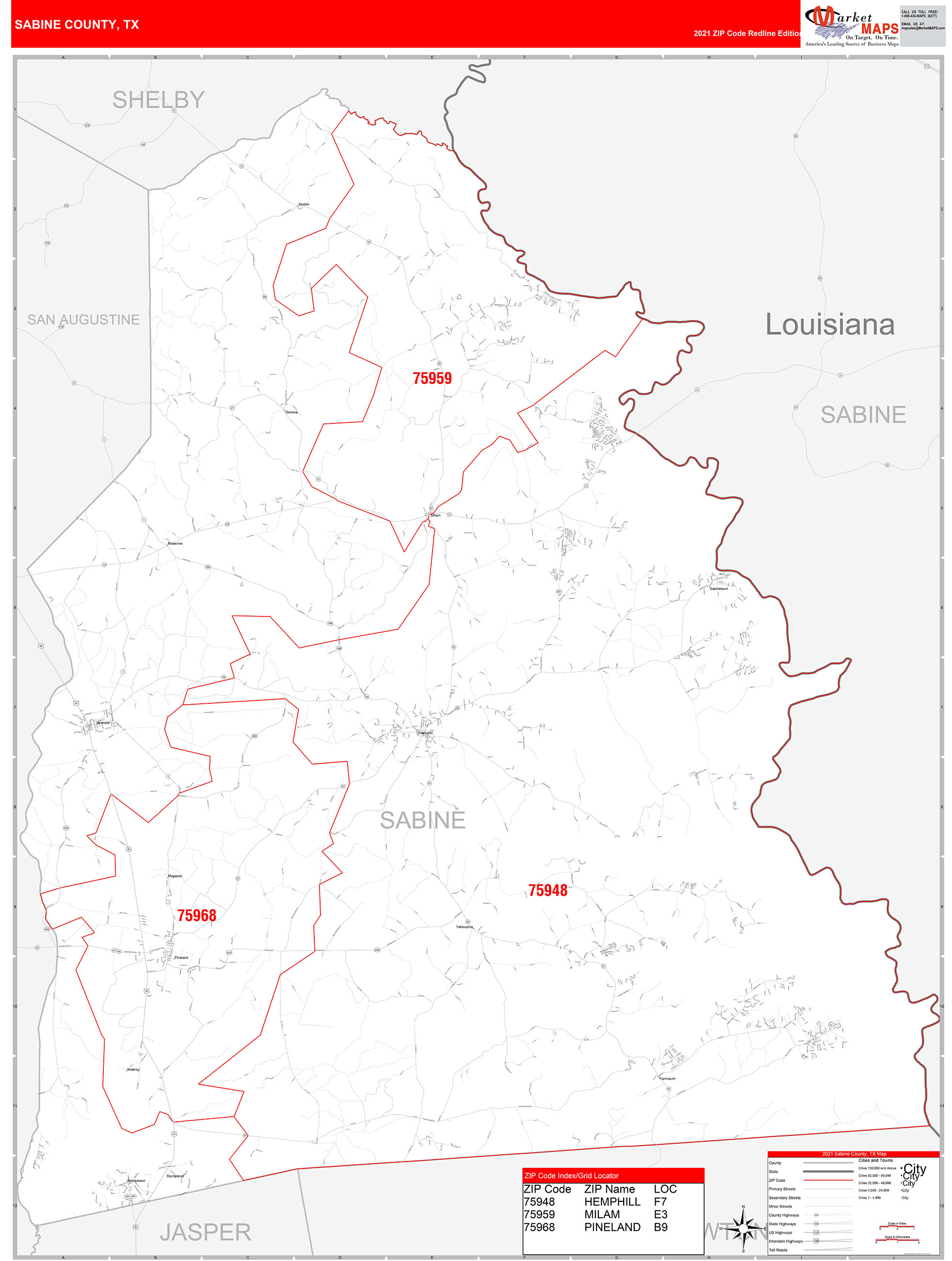 Sabine County, TX Zip Code Wall Map Red Line Style by MarketMAPS
