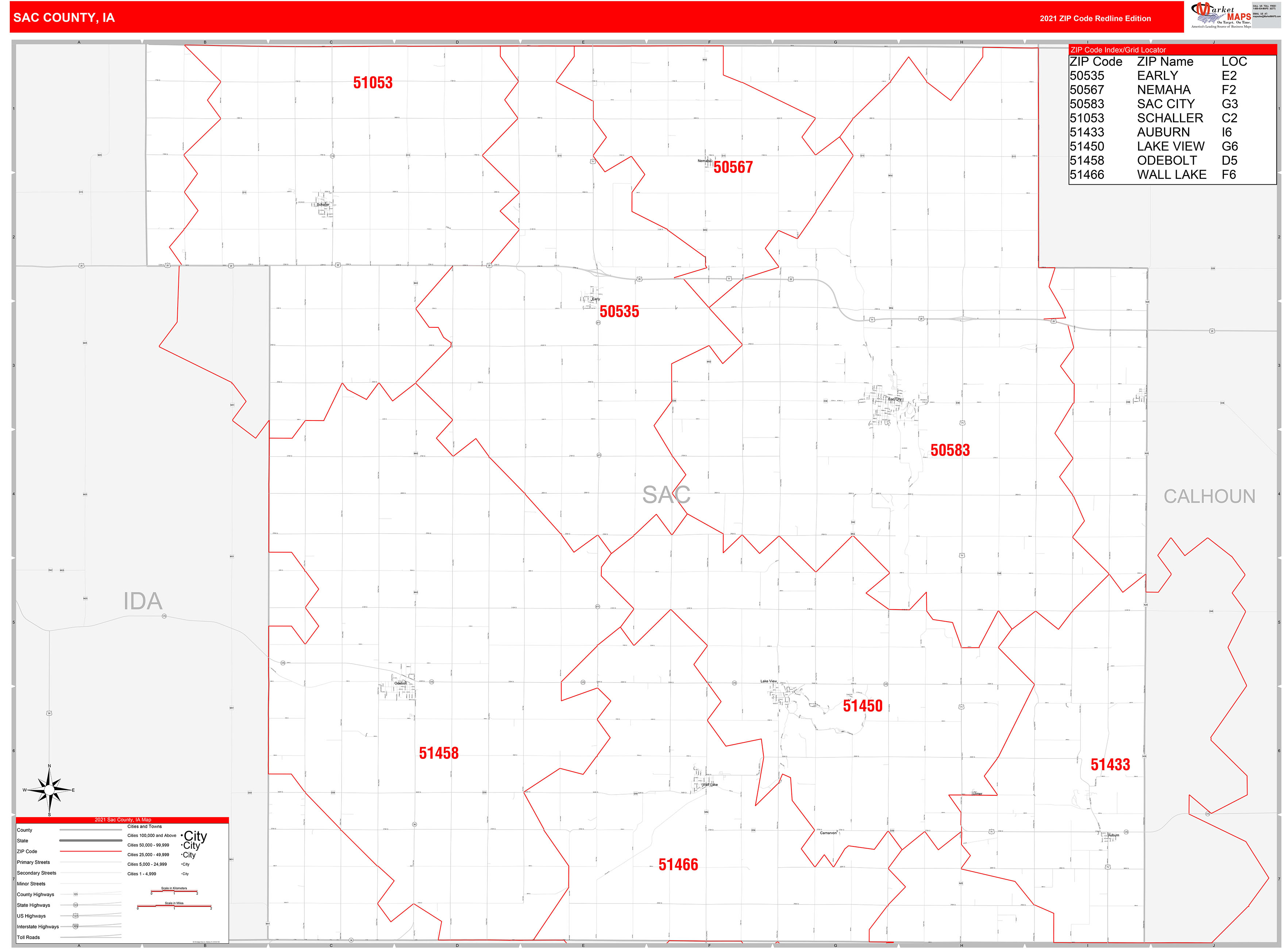 Sac County, IA Zip Code Wall Map Red Line Style by MarketMAPS MapSales