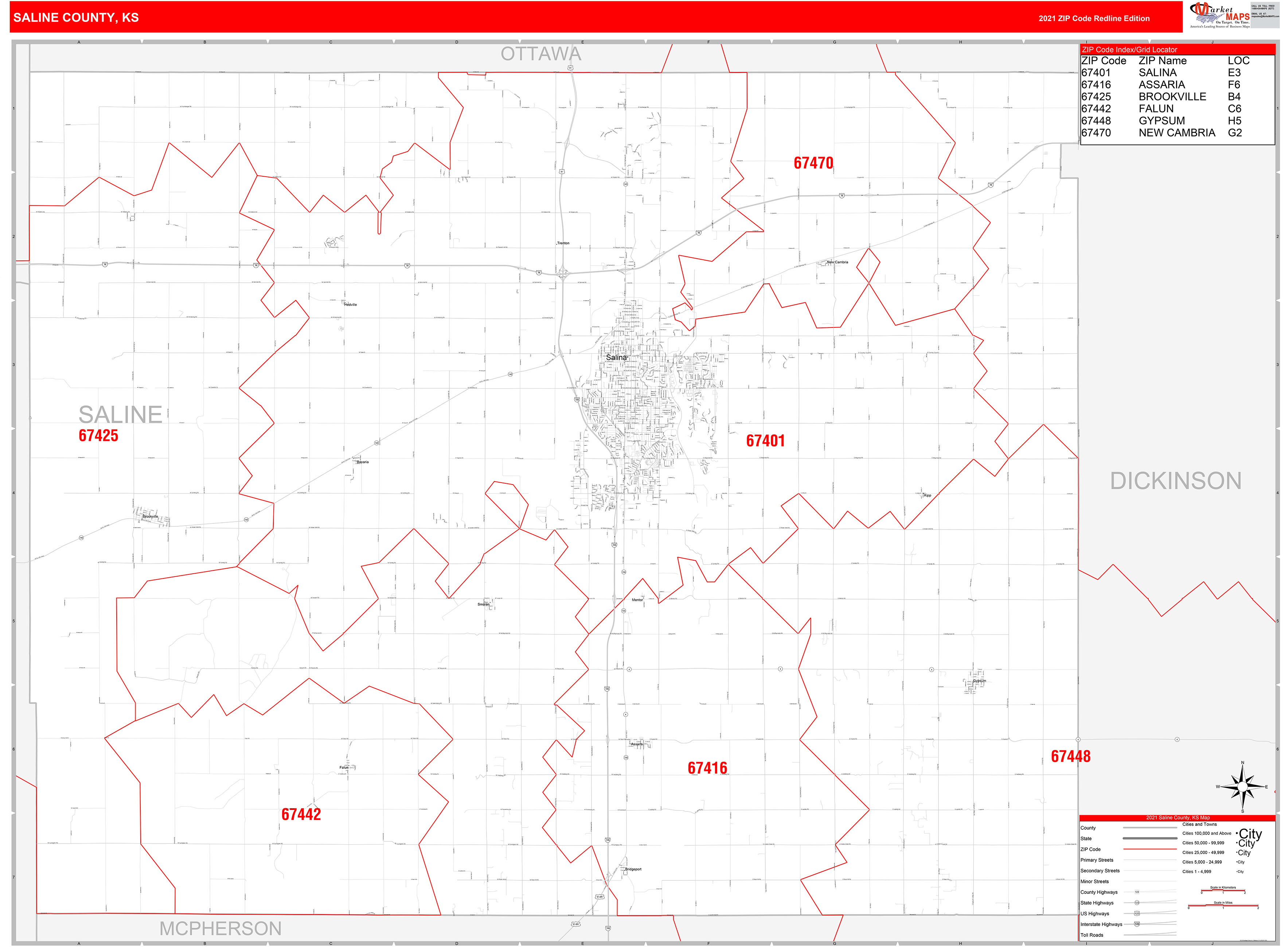 Saline County, KS Zip Code Wall Map Red Line Style by MarketMAPS MapSales