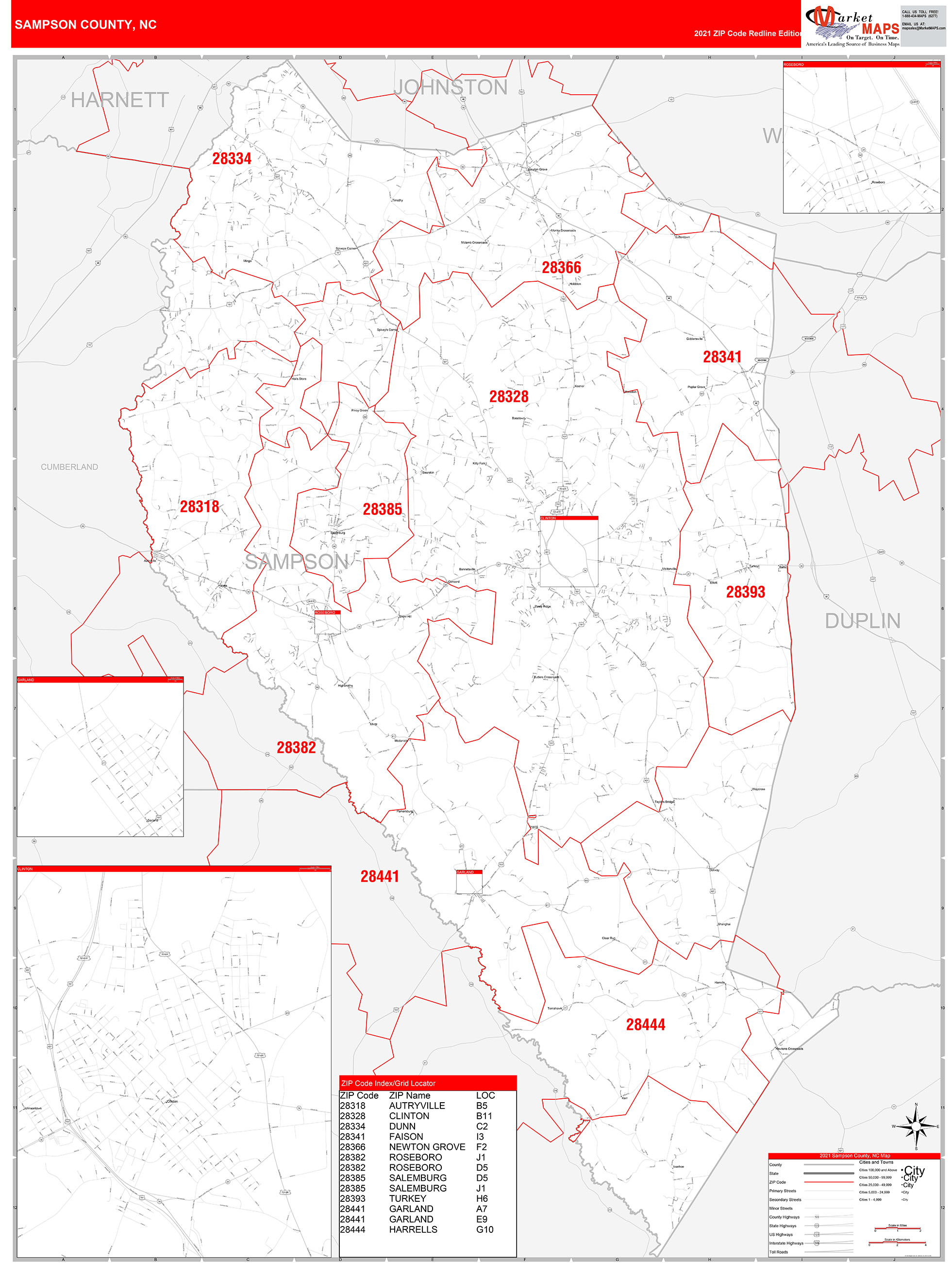 Sampson County, NC Zip Code Wall Map Red Line Style by MarketMAPS