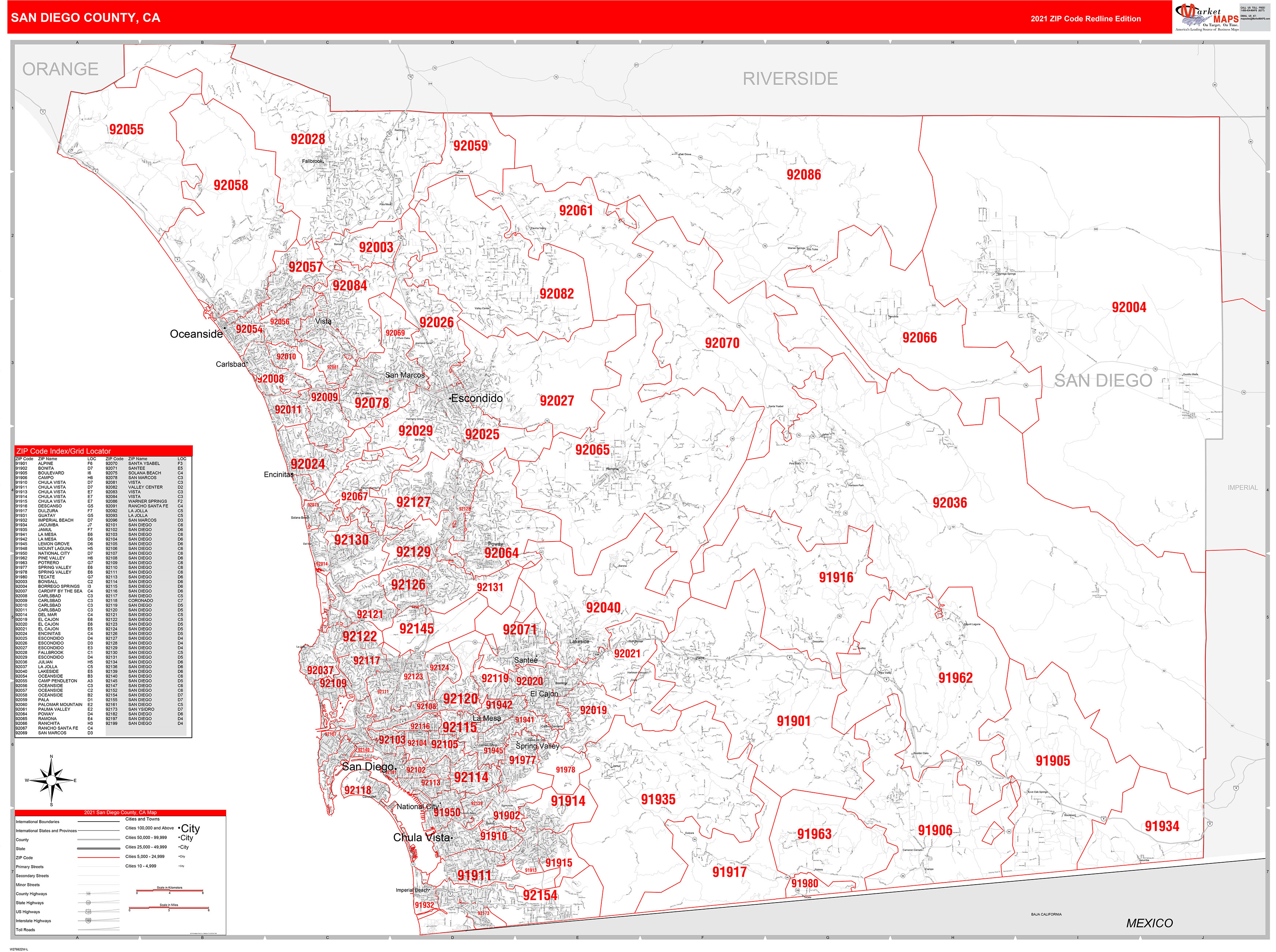 San Diego County Ca Zip Code Wall Map Red Line Style By Marketmaps