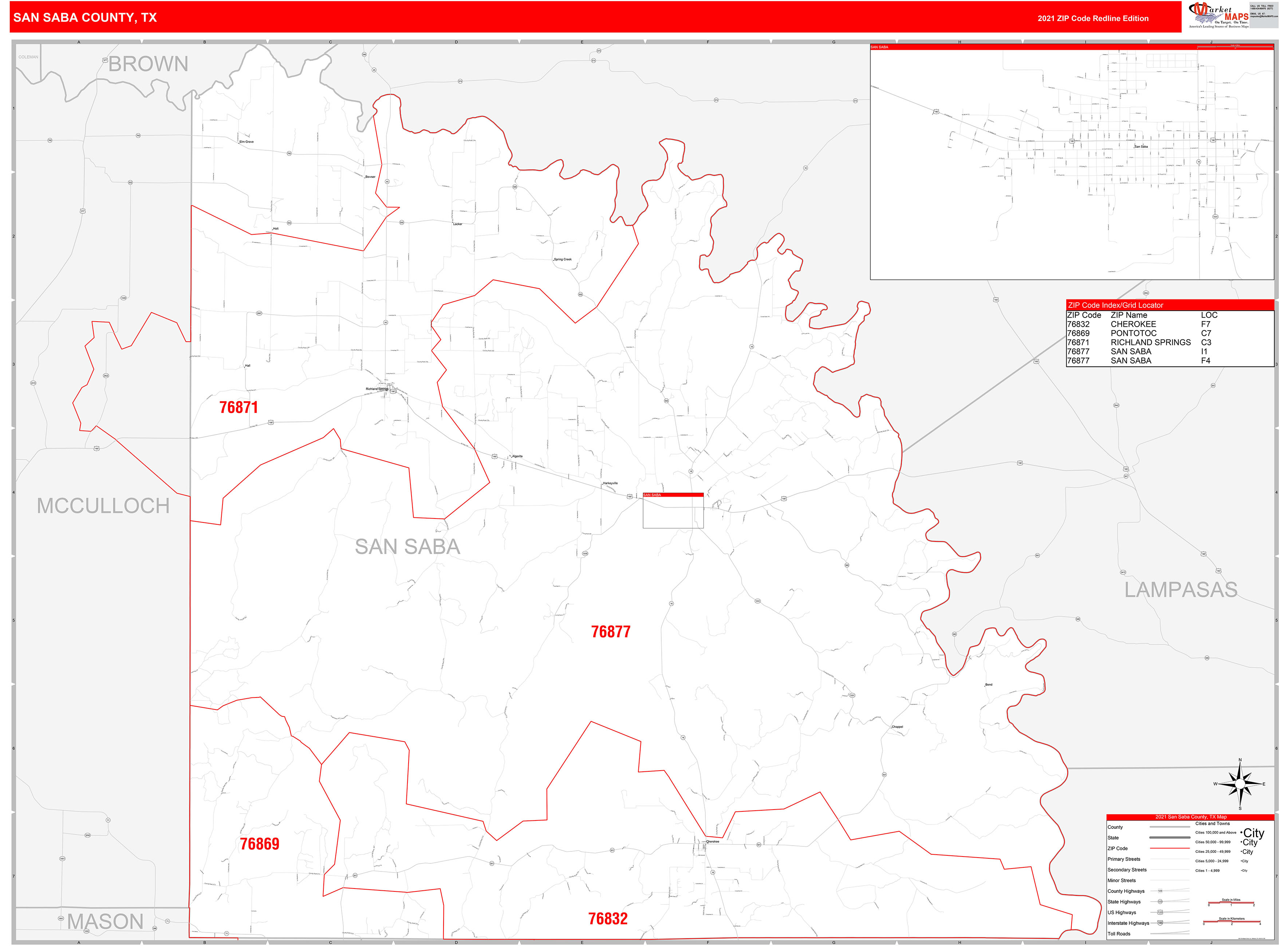 San Saba County, TX Zip Code Wall Map Red Line Style by MarketMAPS