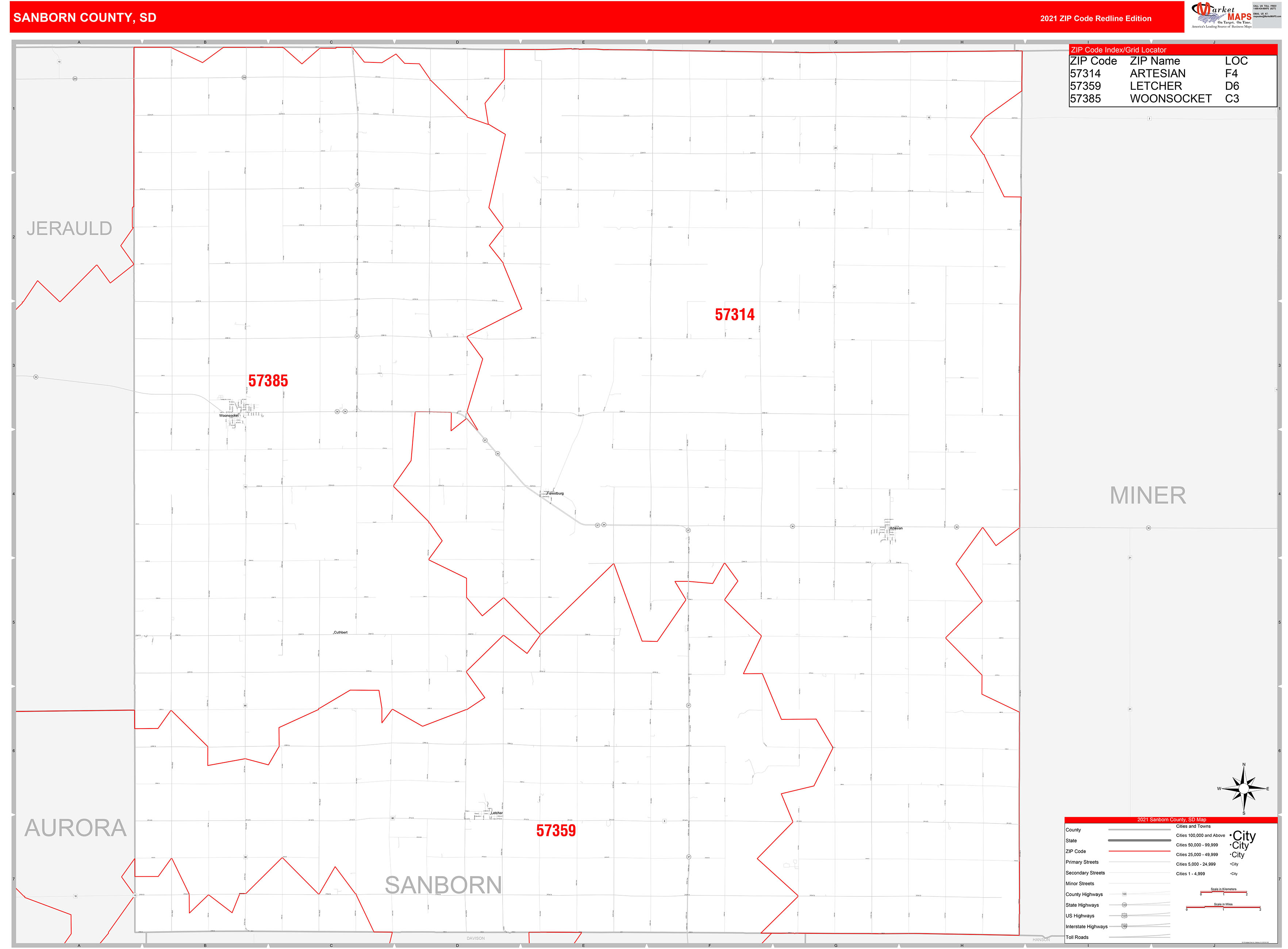 Sanborn County, SD Zip Code Wall Map Red Line Style by MarketMAPS