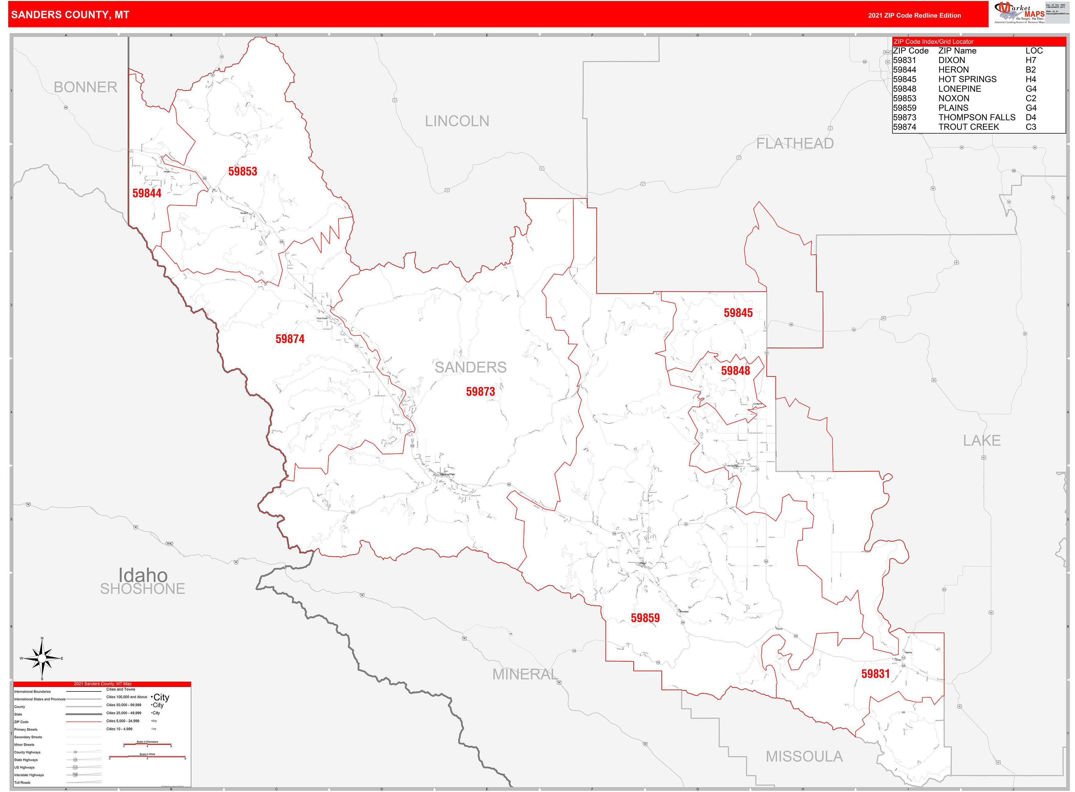 Sanders County, MT Zip Code Wall Map Red Line Style by MarketMAPS