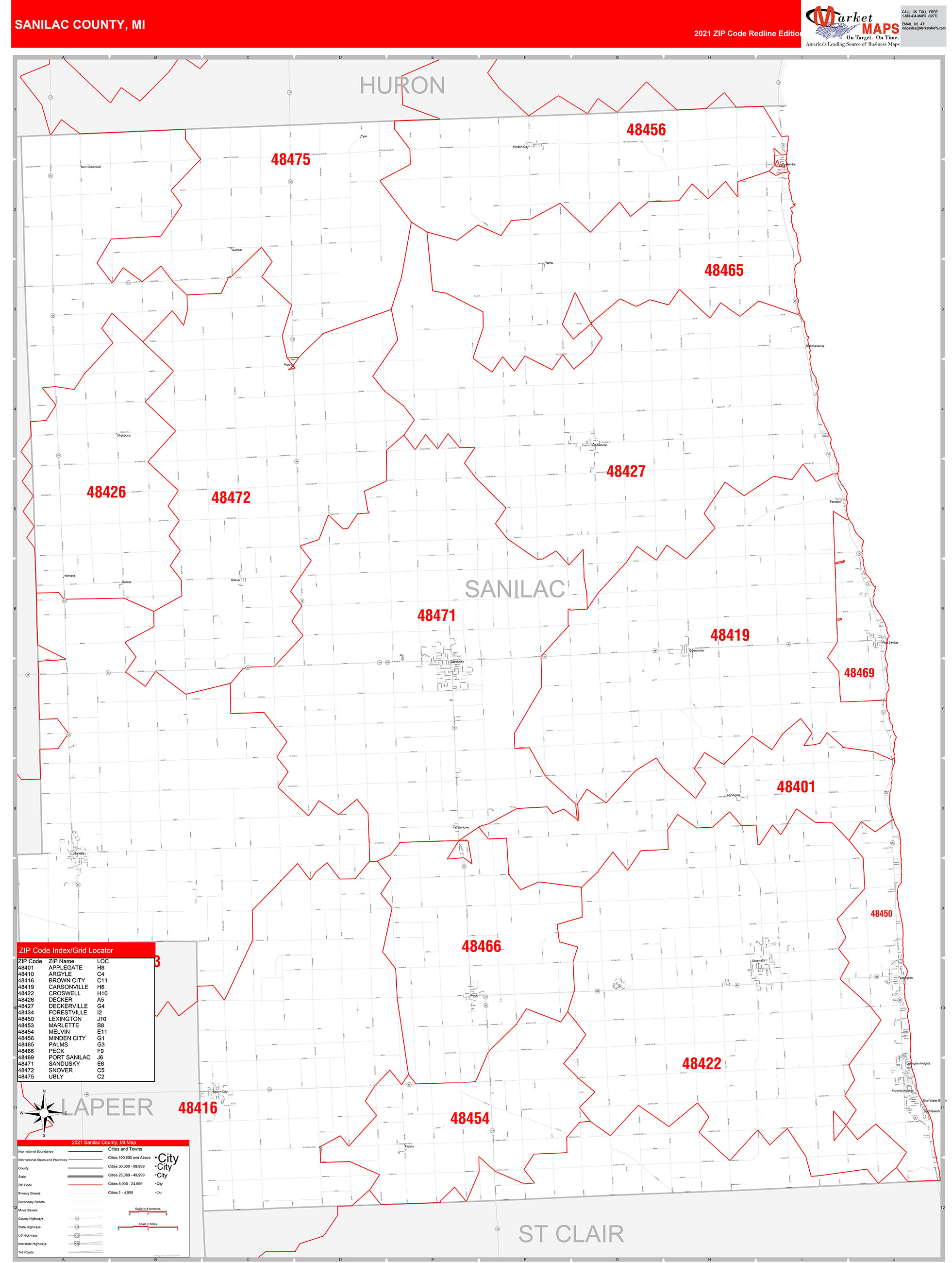 Sanilac County, MI Zip Code Wall Map Red Line Style by MarketMAPS