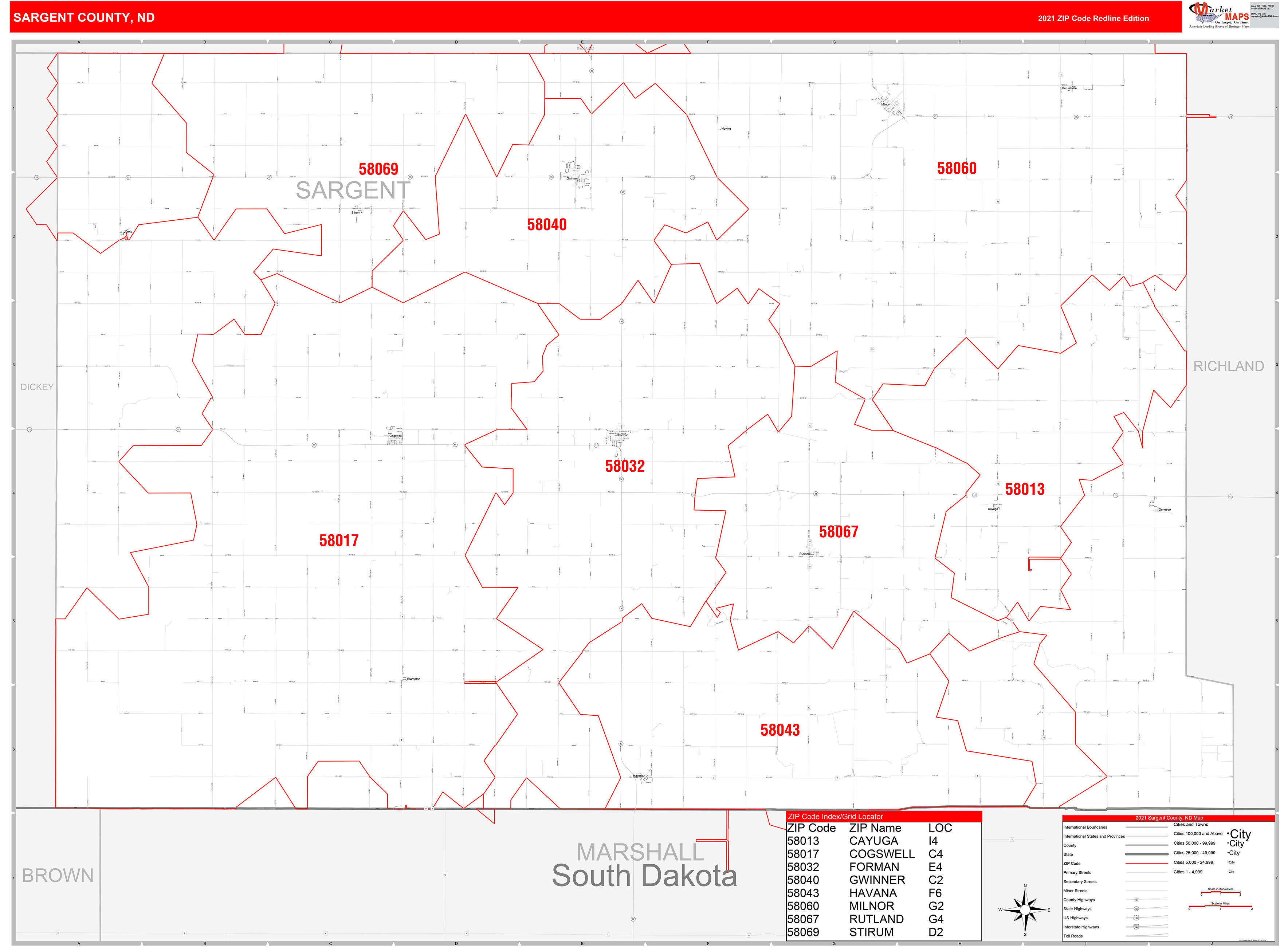 Sargent County, ND Zip Code Wall Map Red Line Style by MarketMAPS