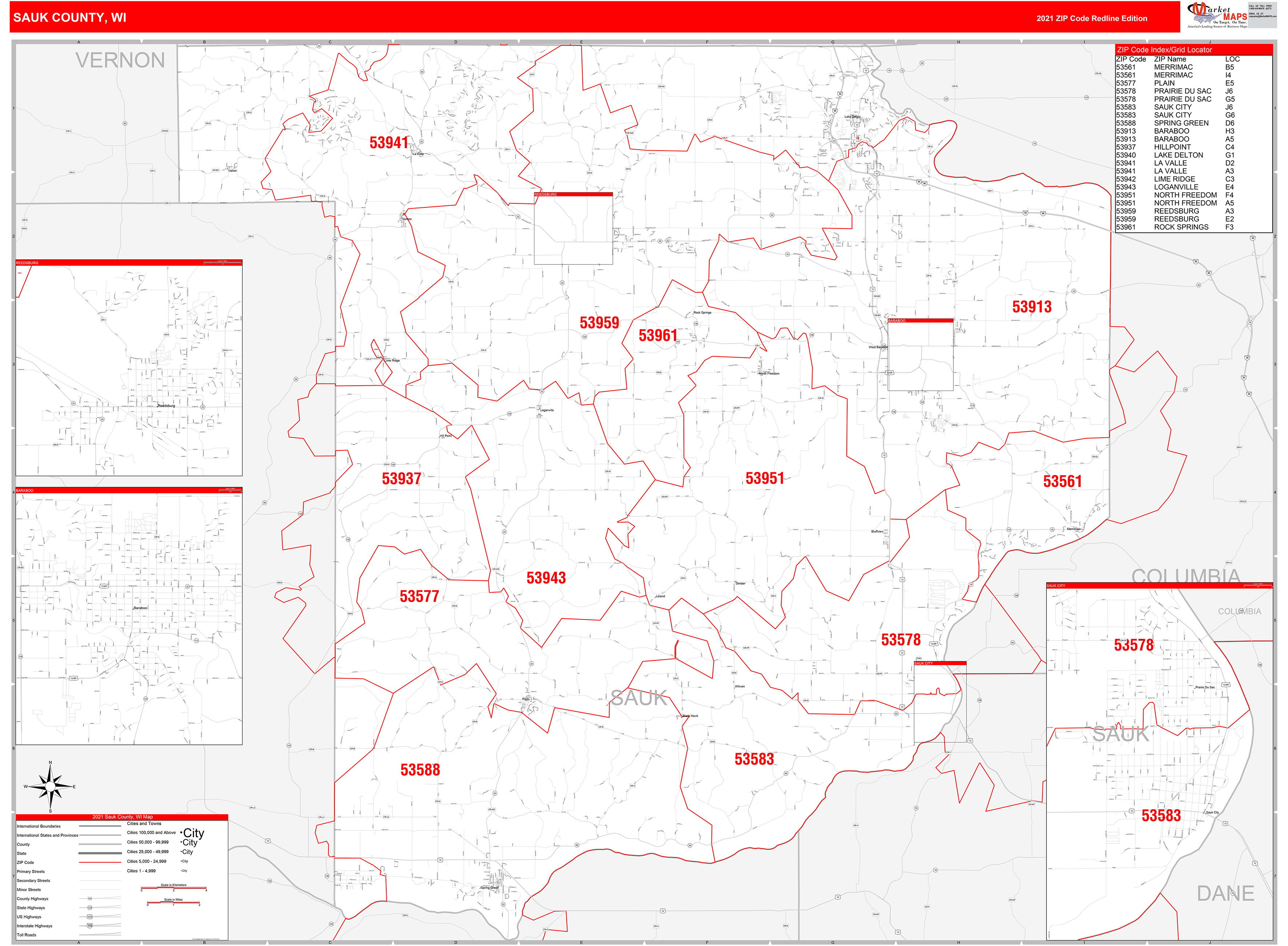 Sauk County Wi Zip Code Wall Map Red Line Style By Marketmaps