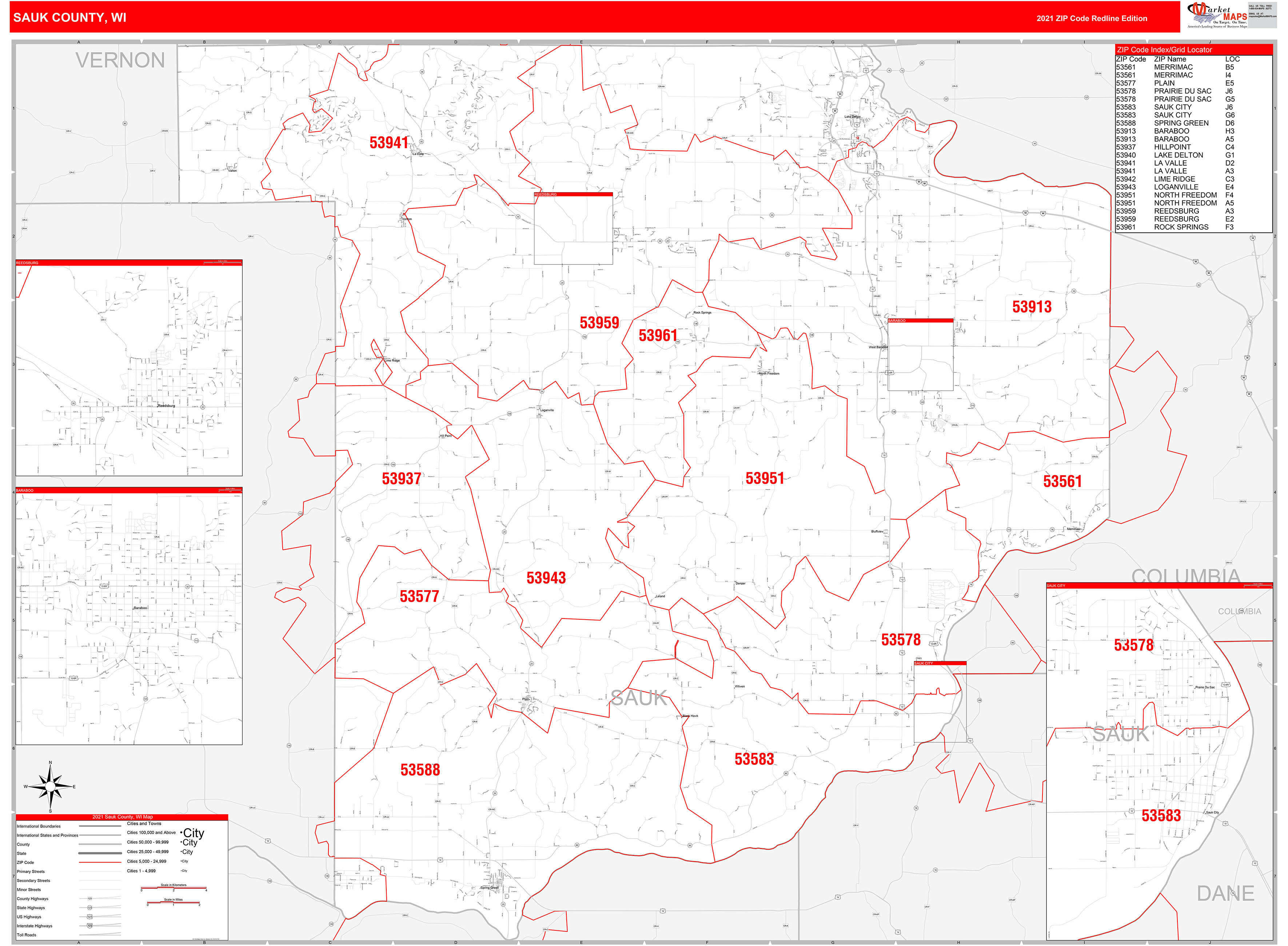 Sauk County, WI Zip Code Wall Map Red Line Style by MarketMAPS