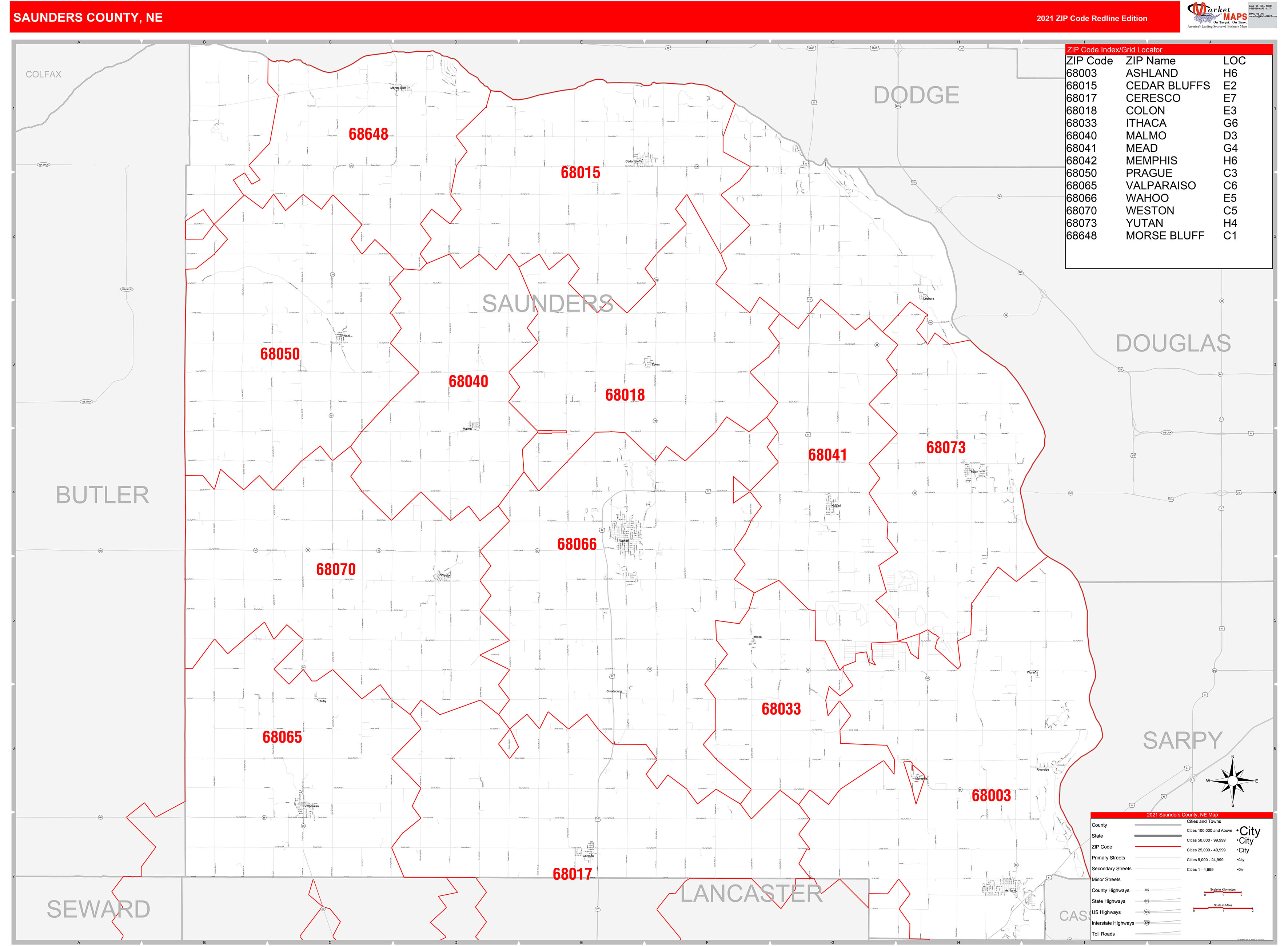 Saunders County, NE Zip Code Wall Map Red Line Style by MarketMAPS
