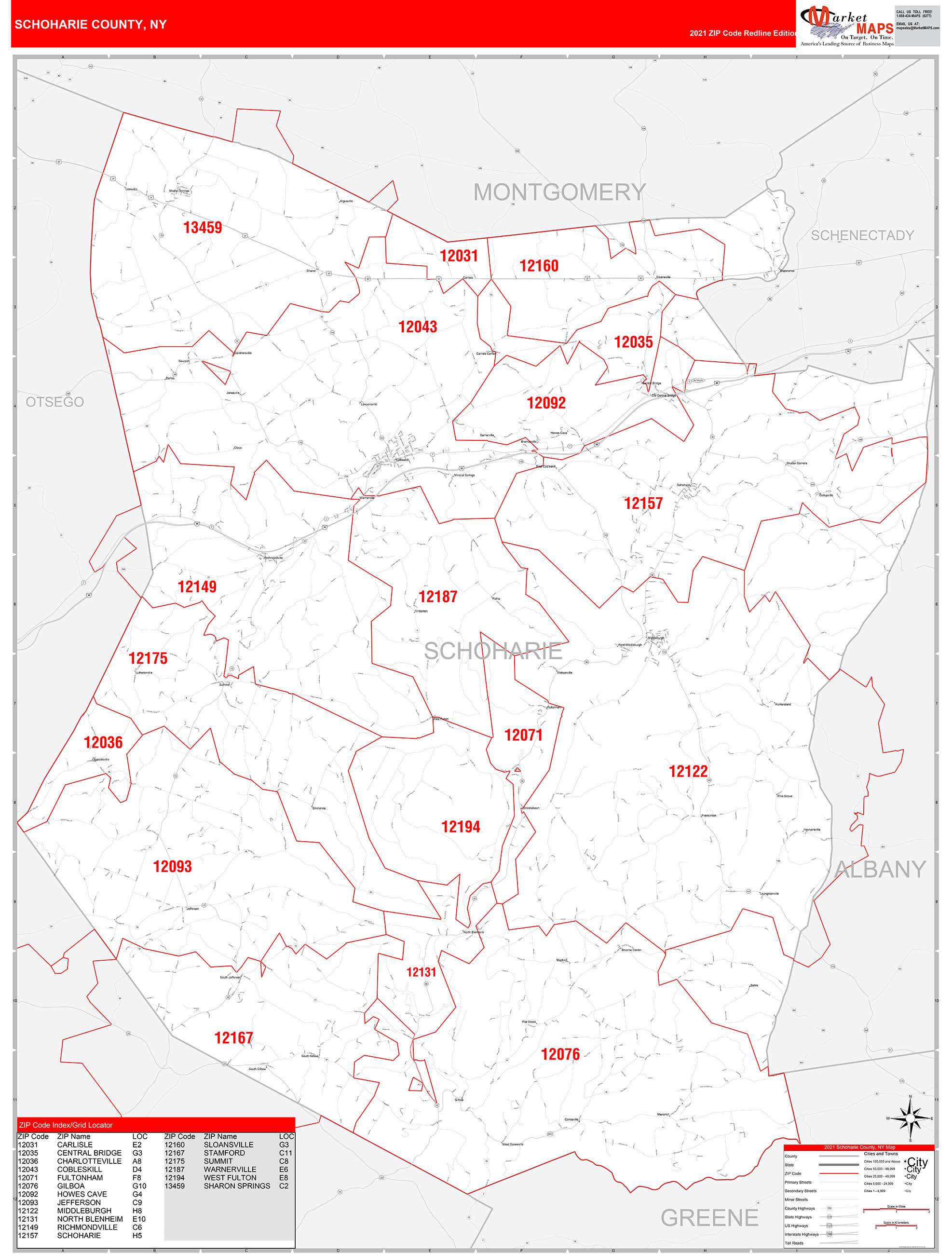 Schoharie County, NY Zip Code Wall Map Red Line Style by MarketMAPS