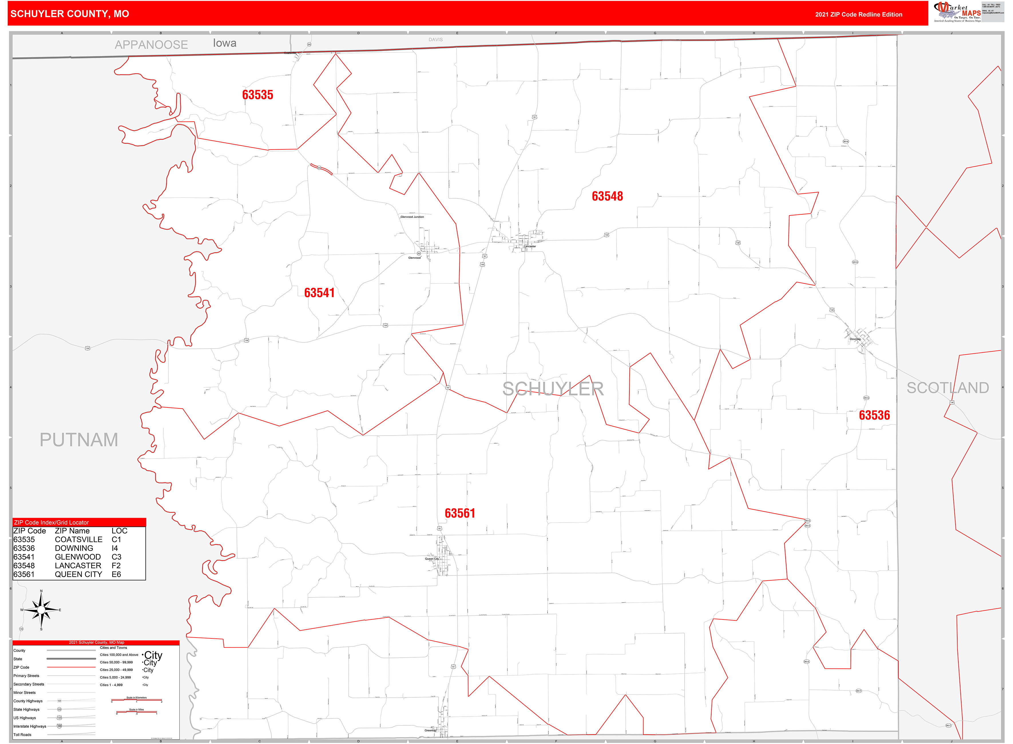 Schuyler County, MO Zip Code Wall Map Red Line Style by MarketMAPS