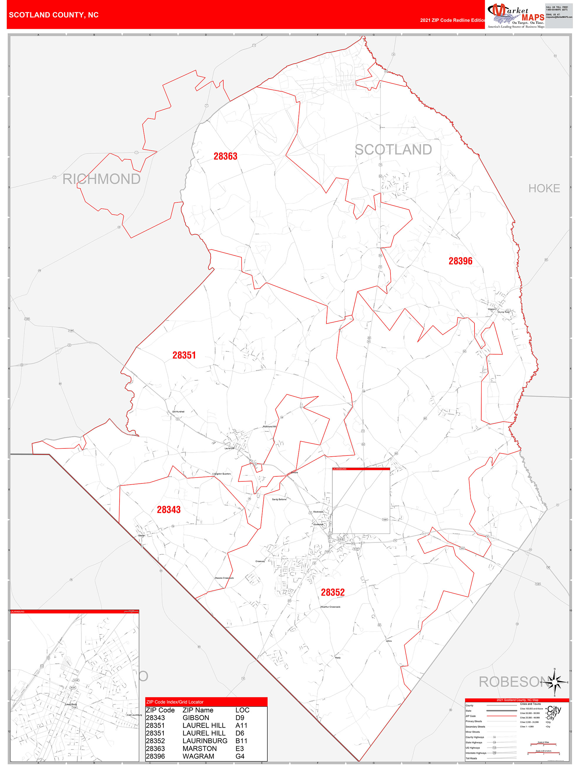Scotland County, NC Zip Code Wall Map Red Line Style by MarketMAPS
