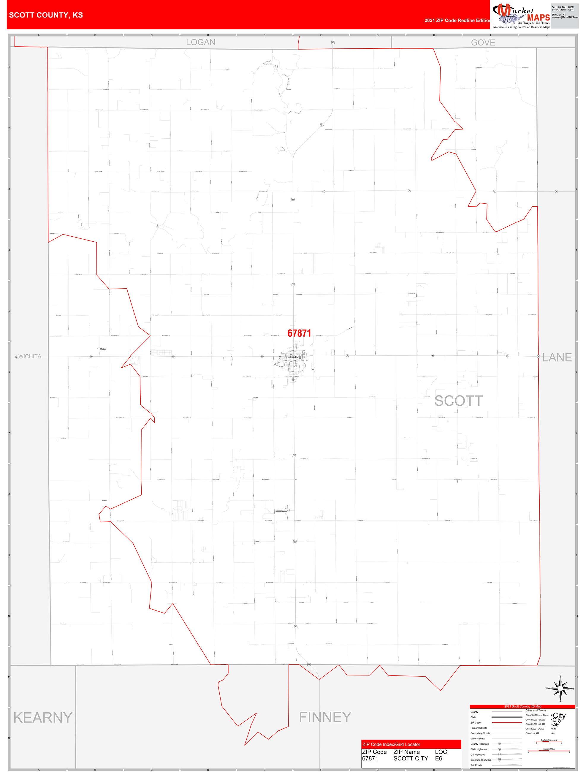 Scott County, KS Zip Code Wall Map Red Line Style by MarketMAPS