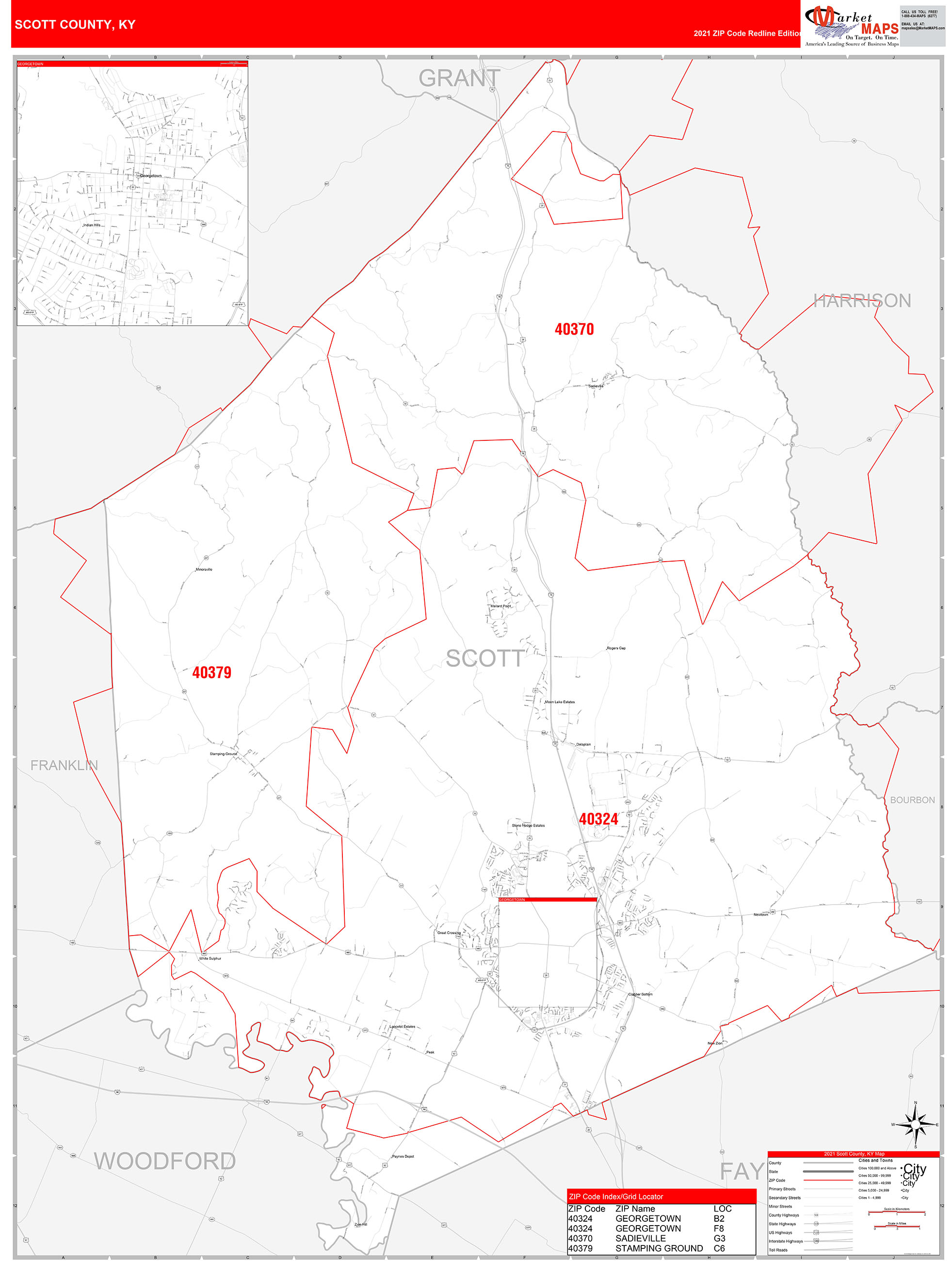 Scott County, KY Zip Code Wall Map Red Line Style by MarketMAPS
