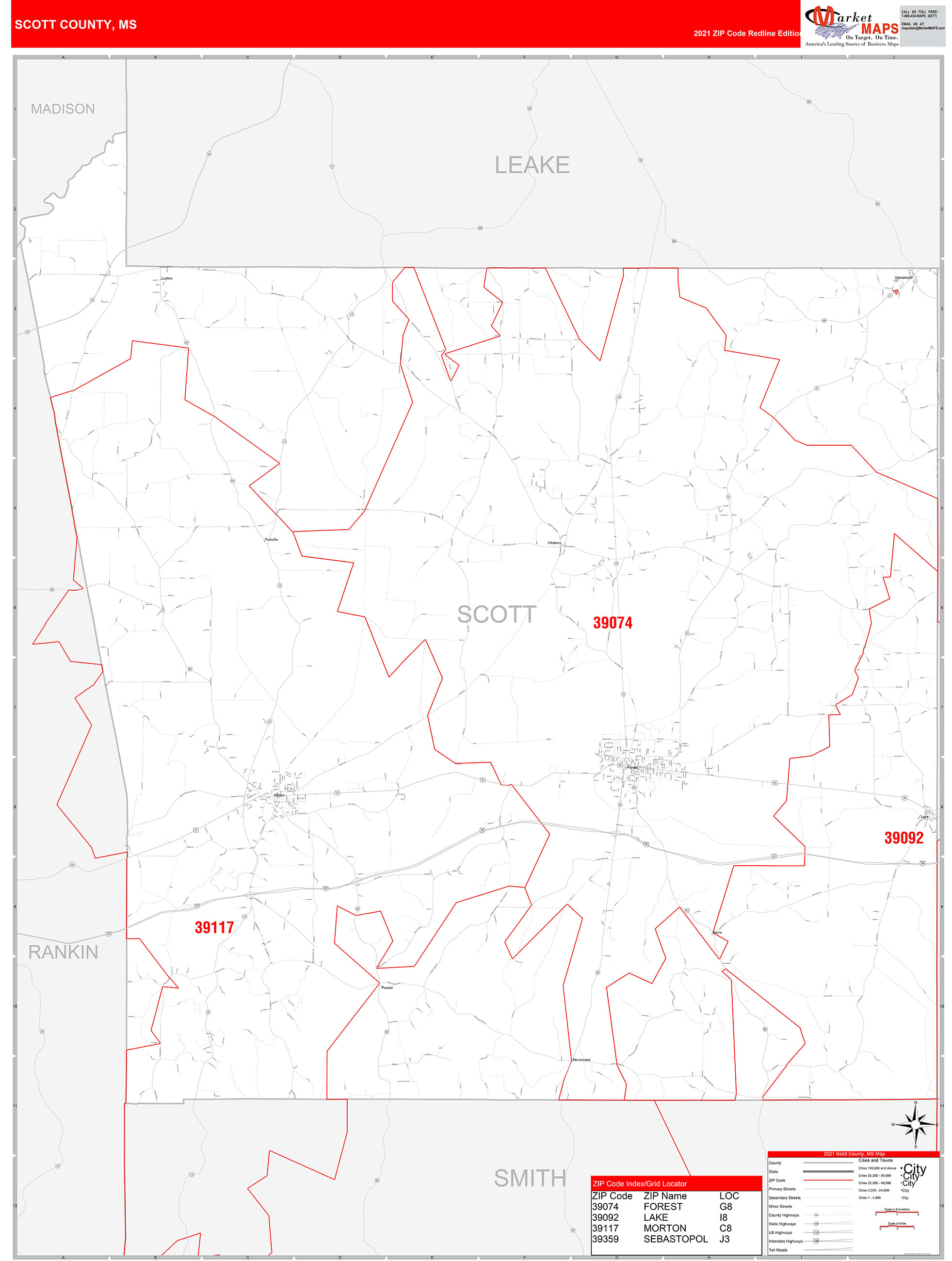 Scott County, MS Zip Code Wall Map Red Line Style by MarketMAPS