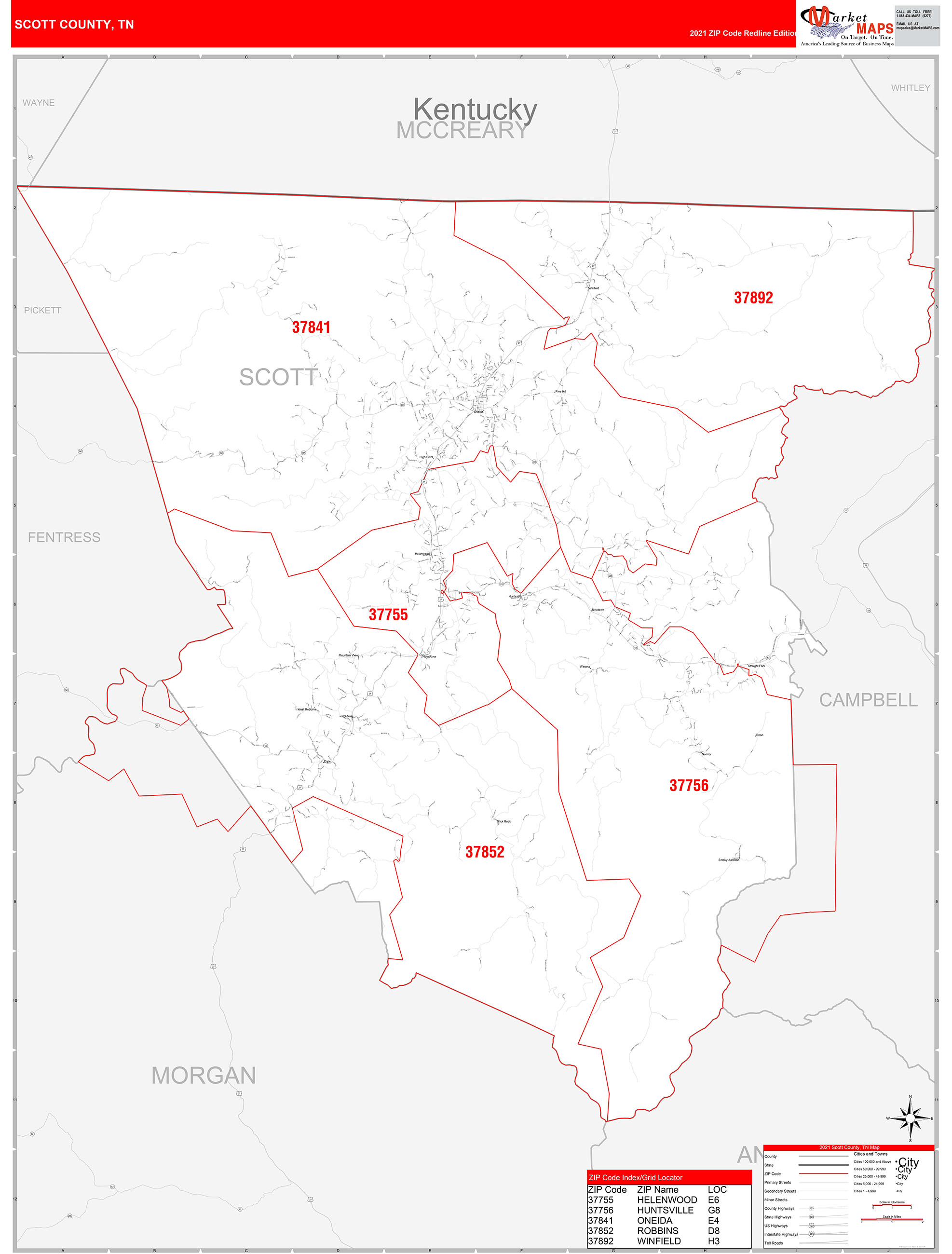Scott County, TN Zip Code Wall Map Red Line Style by MarketMAPS