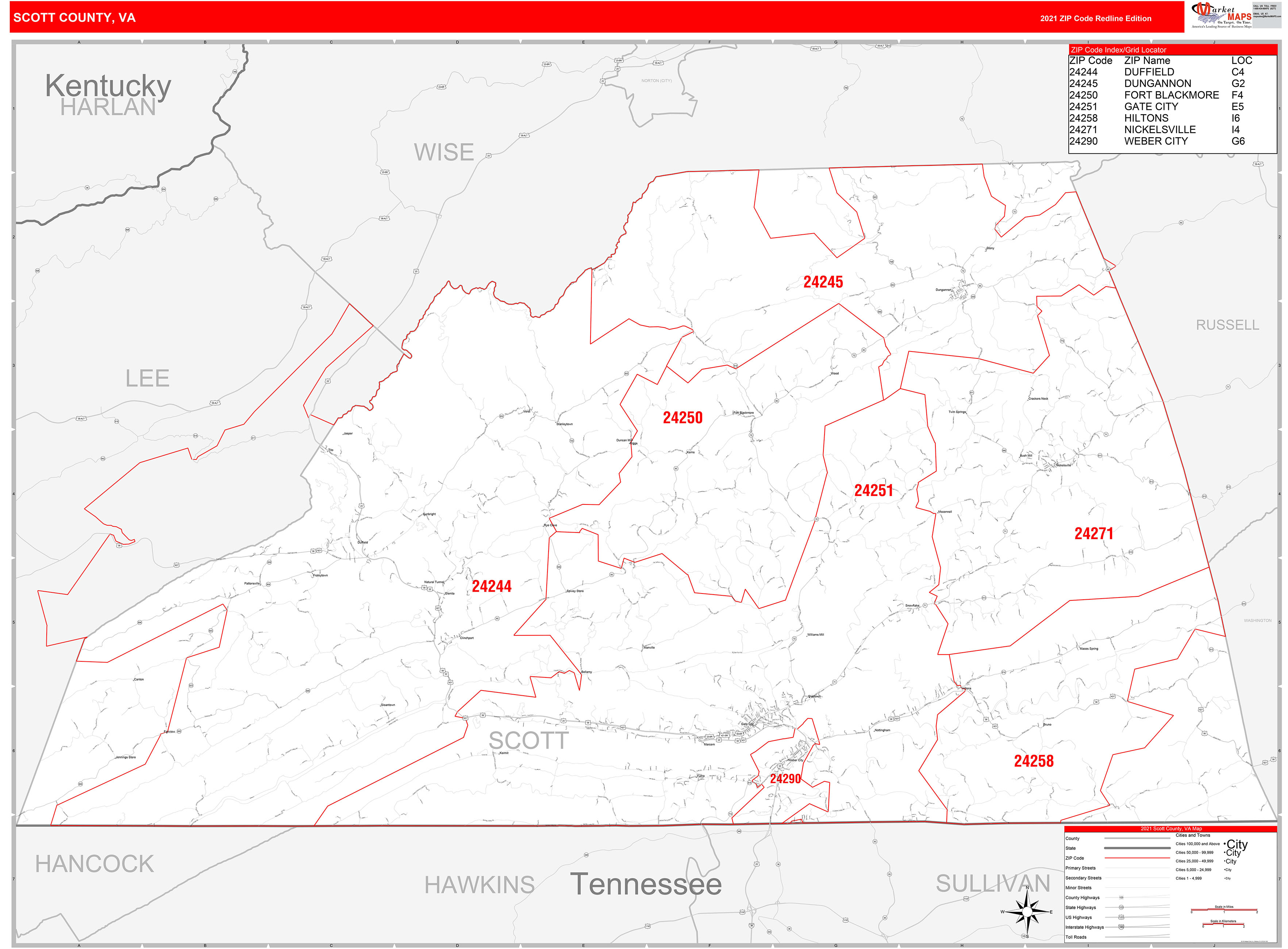 Scott County, VA Zip Code Wall Map Red Line Style by MarketMAPS MapSales