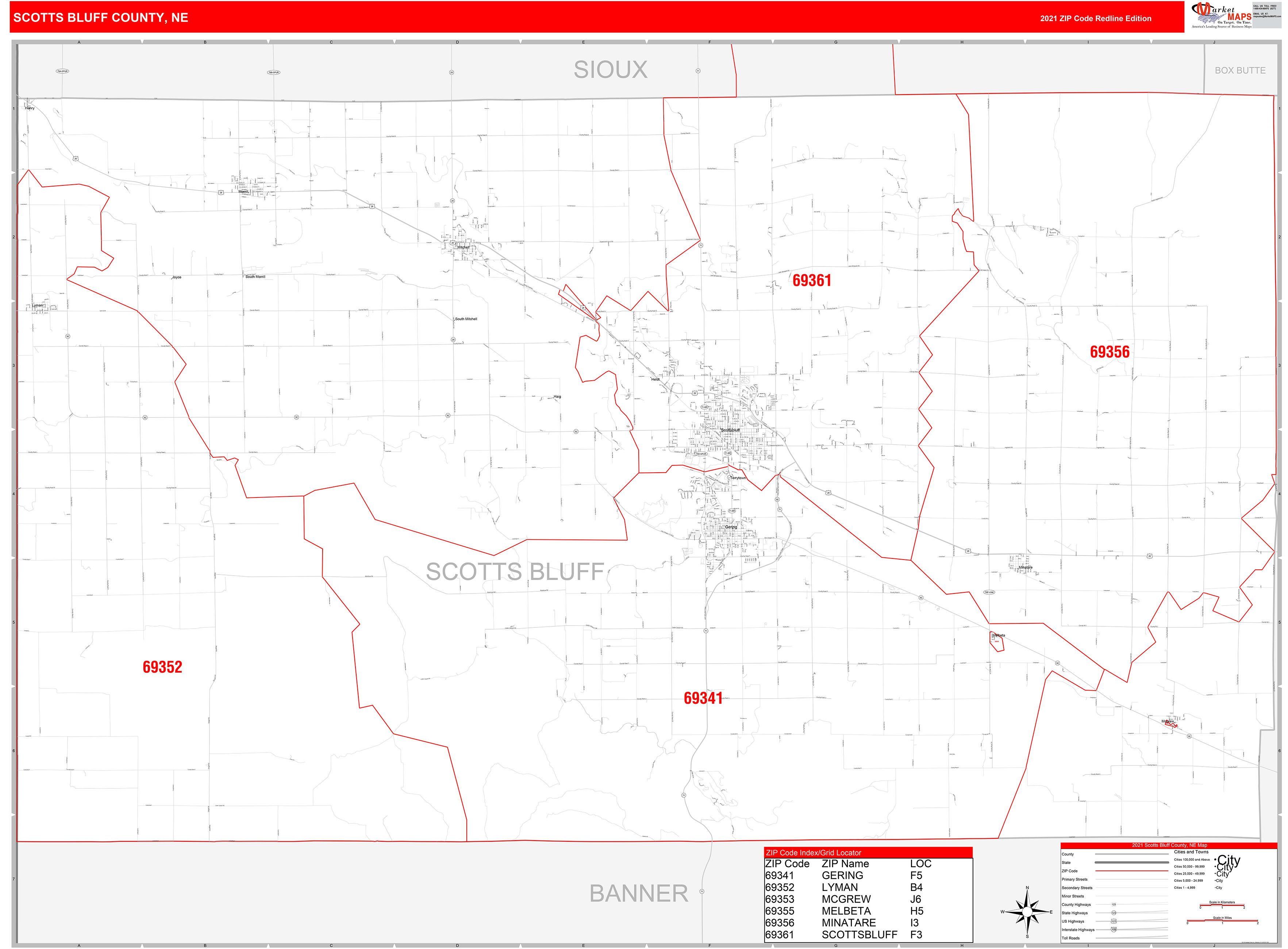Scotts Bluff County, NE Zip Code Wall Map Red Line Style by MarketMAPS
