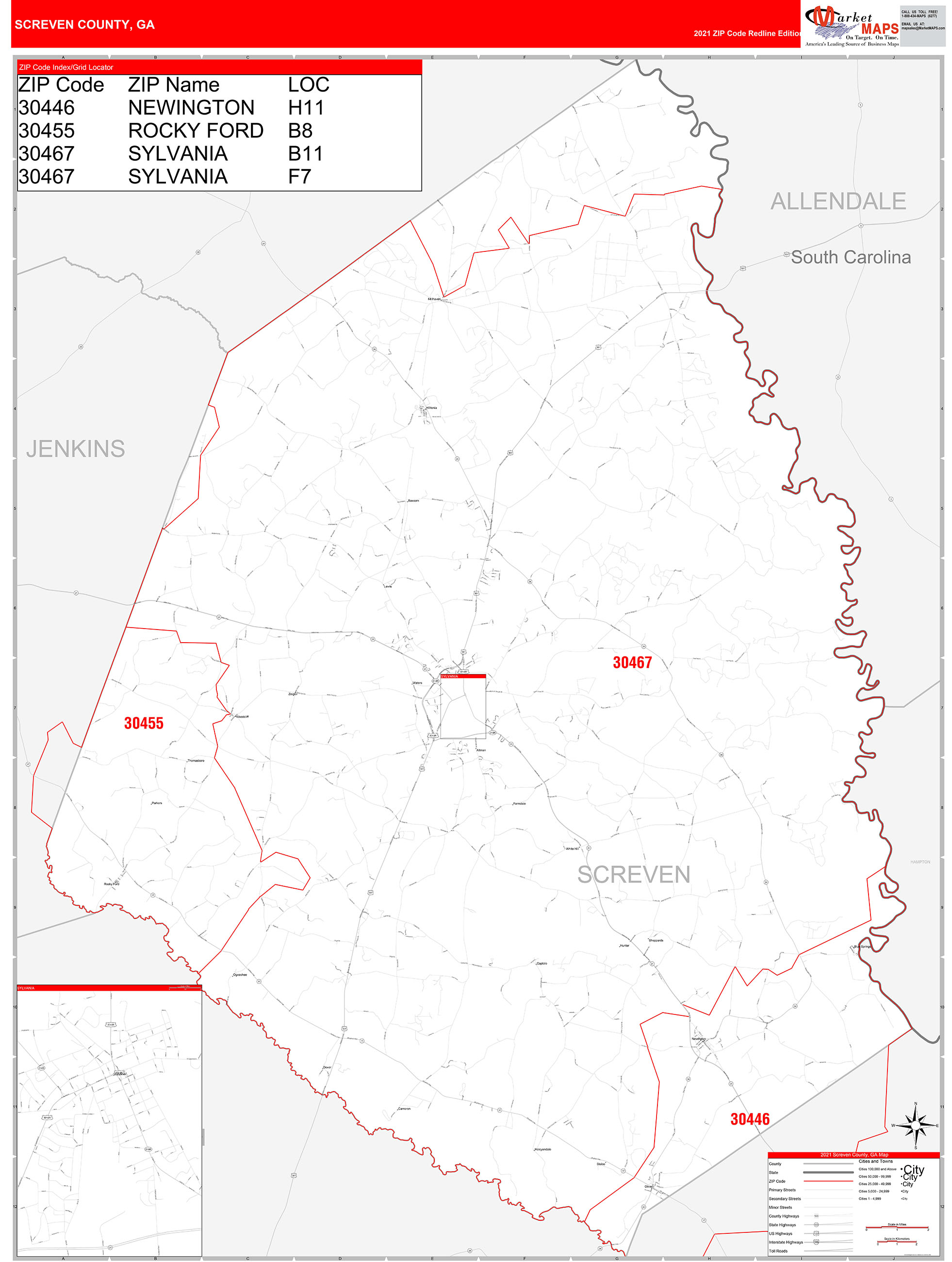 Screven County, GA Zip Code Wall Map Red Line Style by MarketMAPS