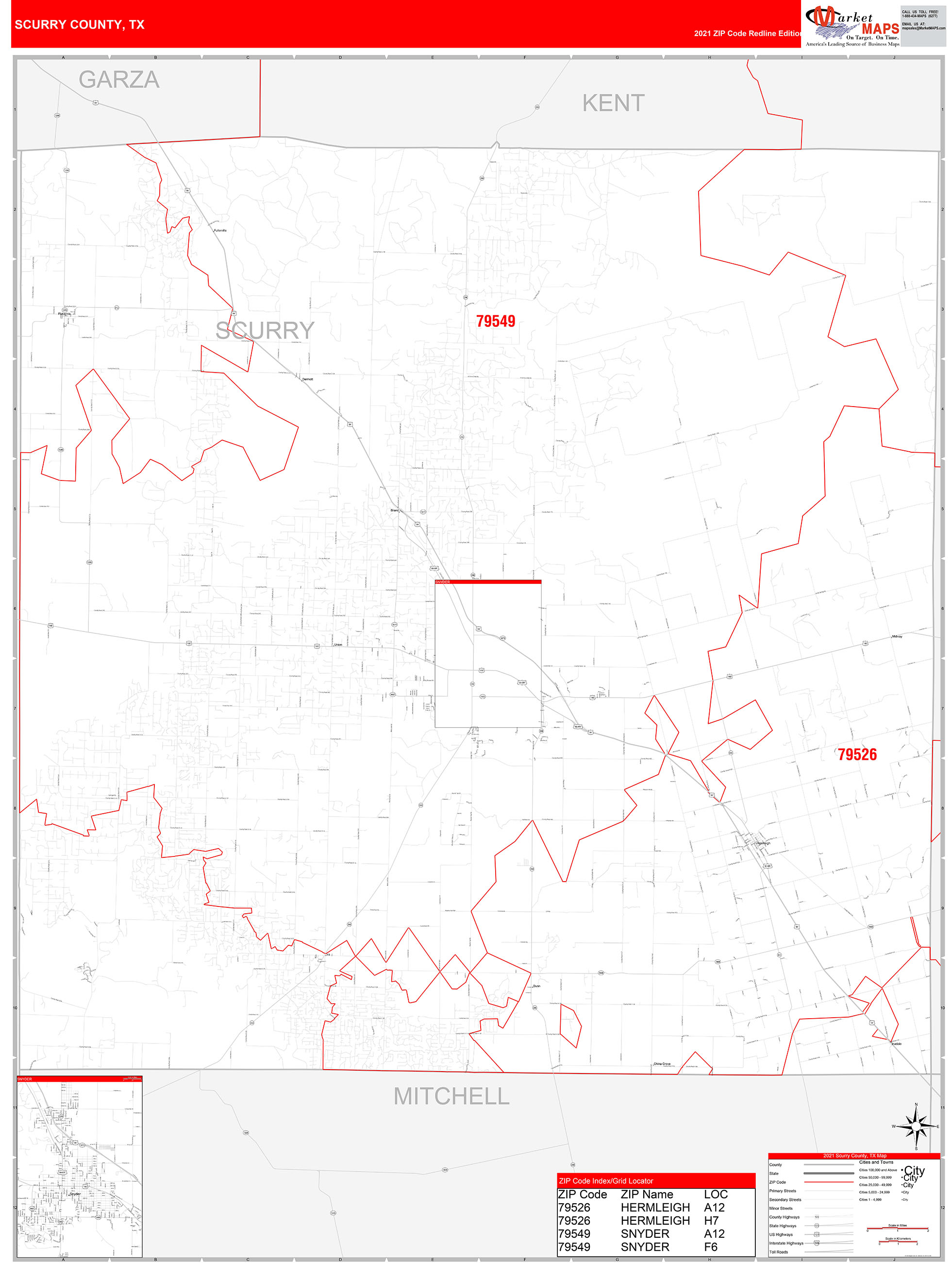 Scurry County, TX Zip Code Wall Map Red Line Style by MarketMAPS MapSales