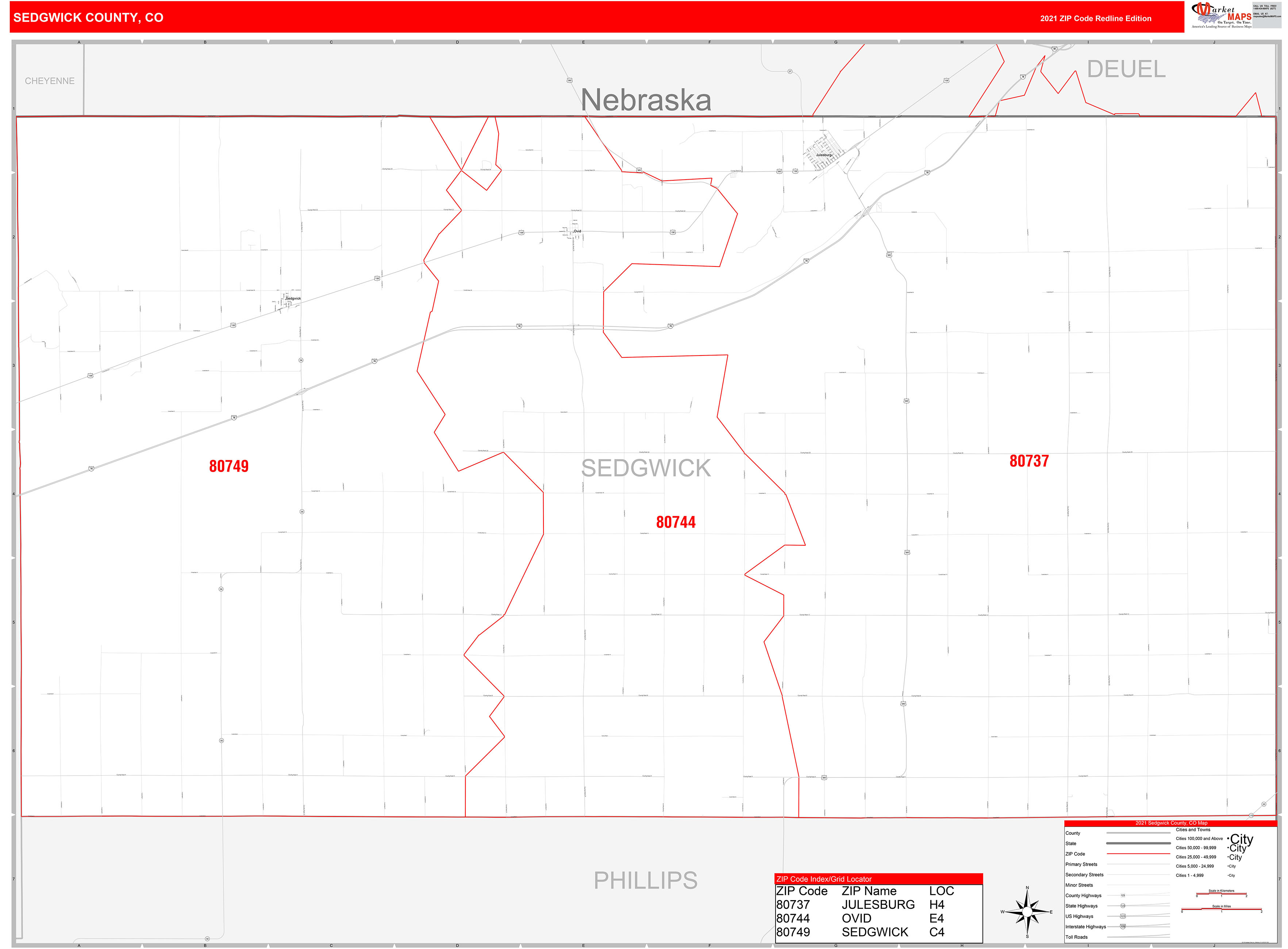 Sedgwick County, CO Zip Code Wall Map Red Line Style by MarketMAPS