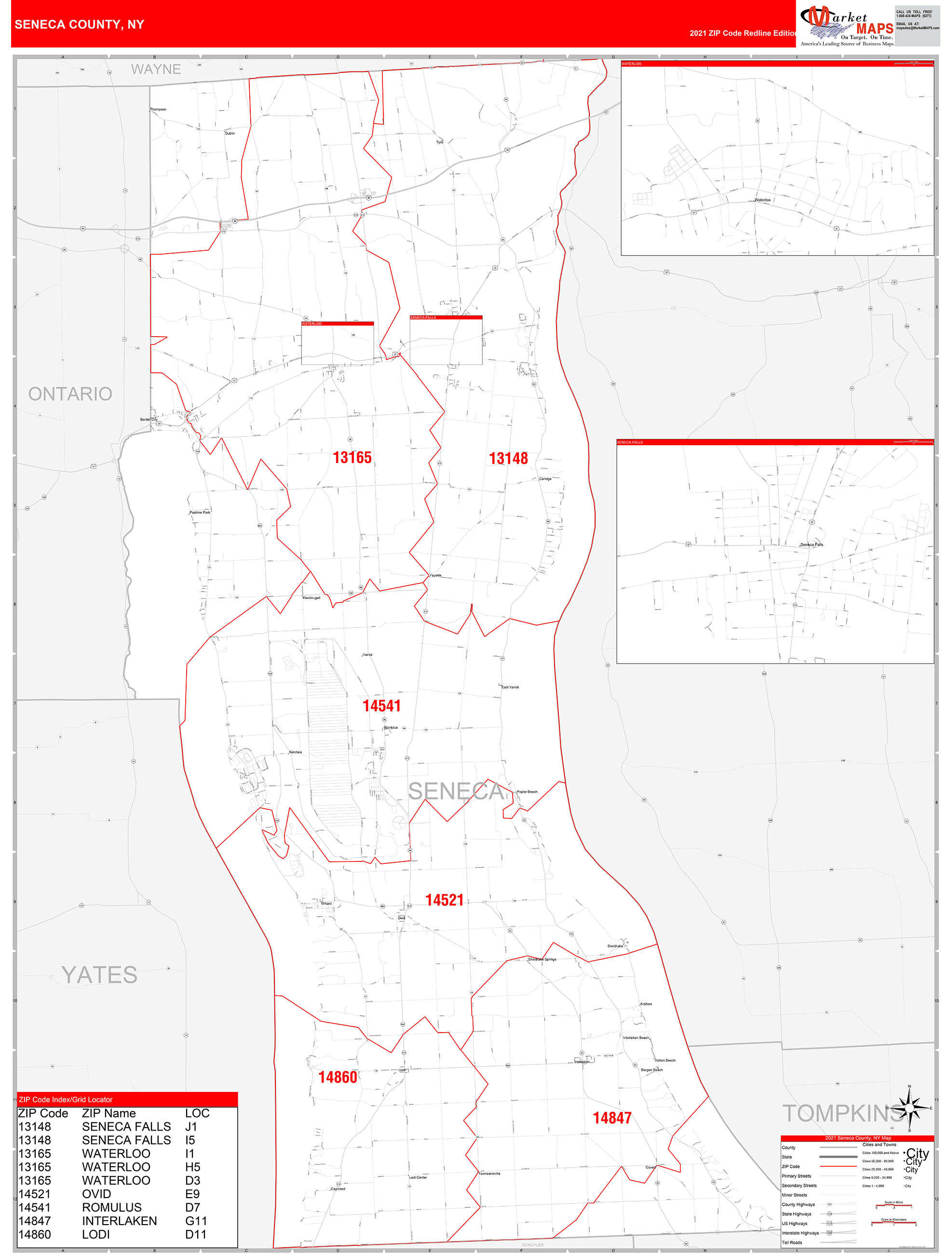 Seneca County, NY Zip Code Wall Map Red Line Style by MarketMAPS MapSales