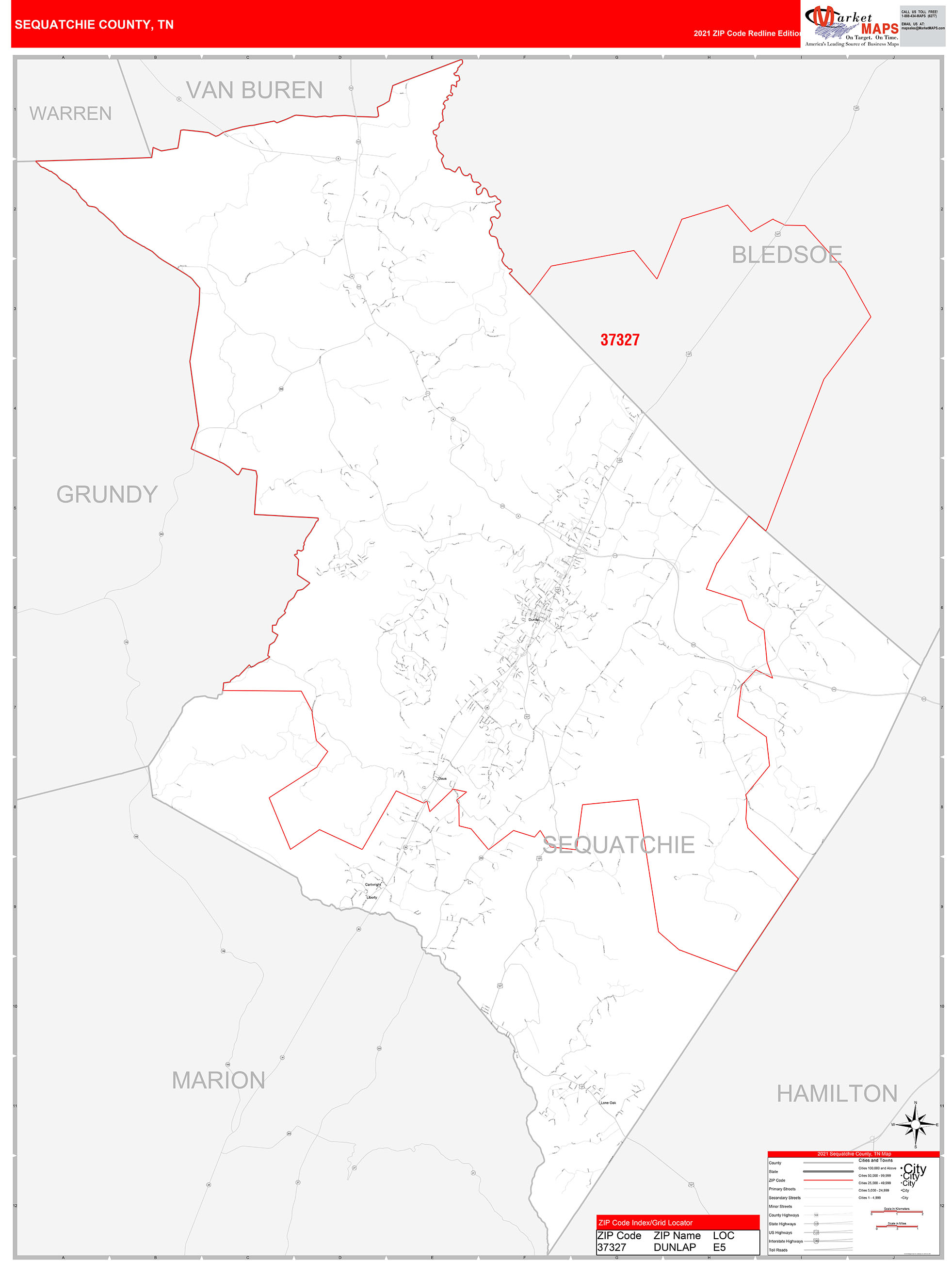 Sequatchie County, TN Zip Code Wall Map Red Line Style by MarketMAPS