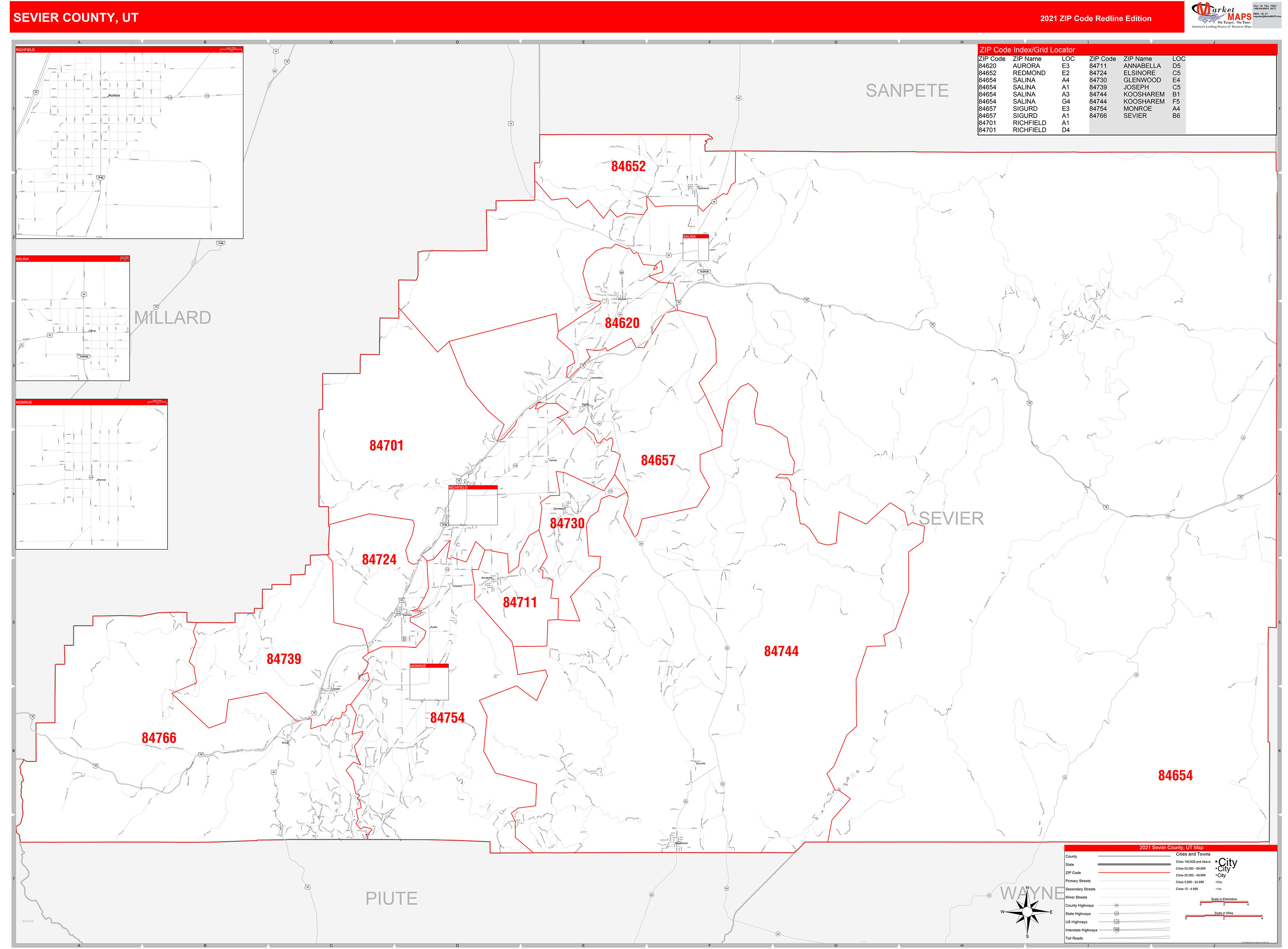 Sevier County, UT Zip Code Wall Map Red Line Style by MarketMAPS