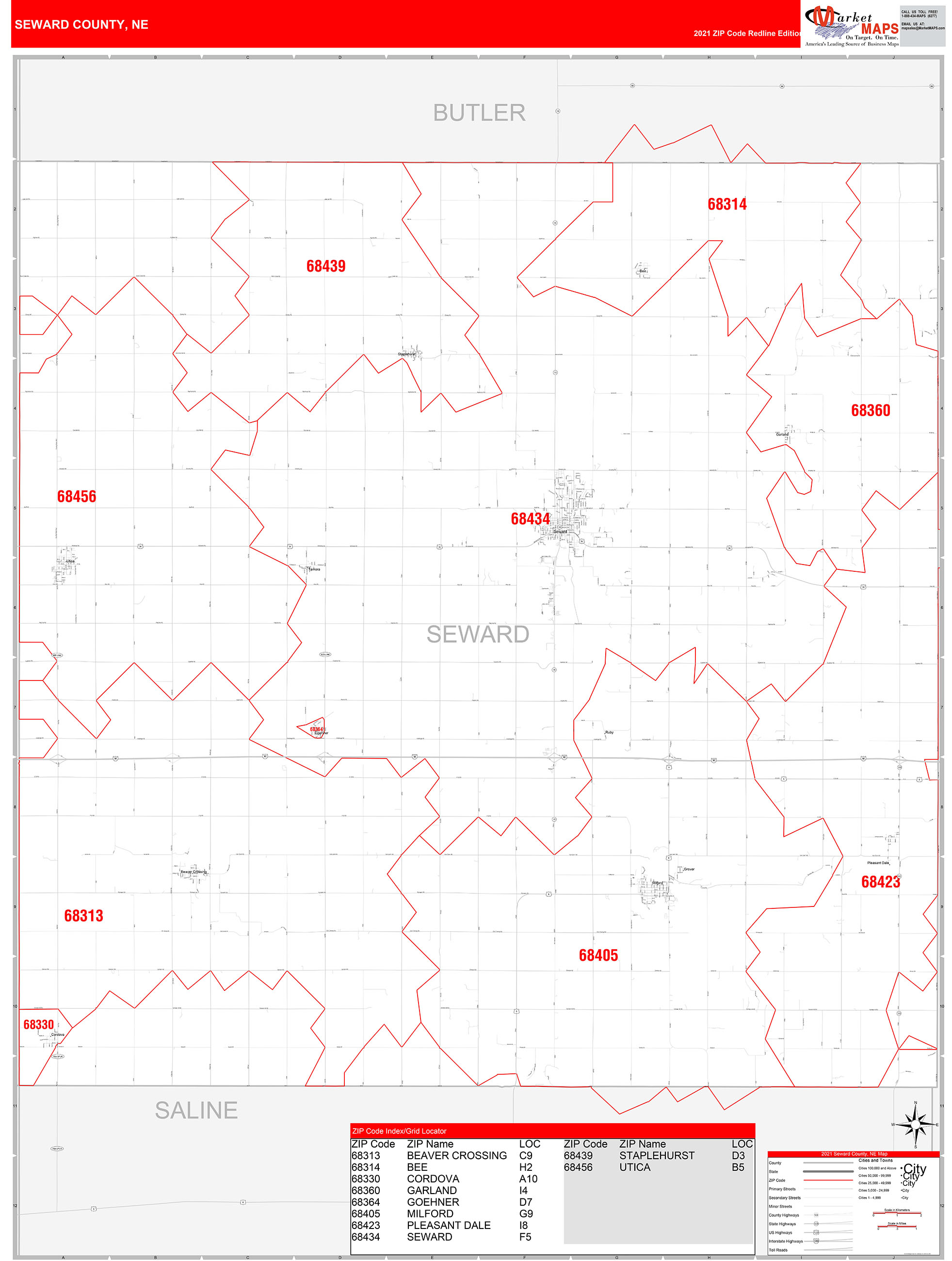 Seward County, NE Zip Code Wall Map Red Line Style by MarketMAPS
