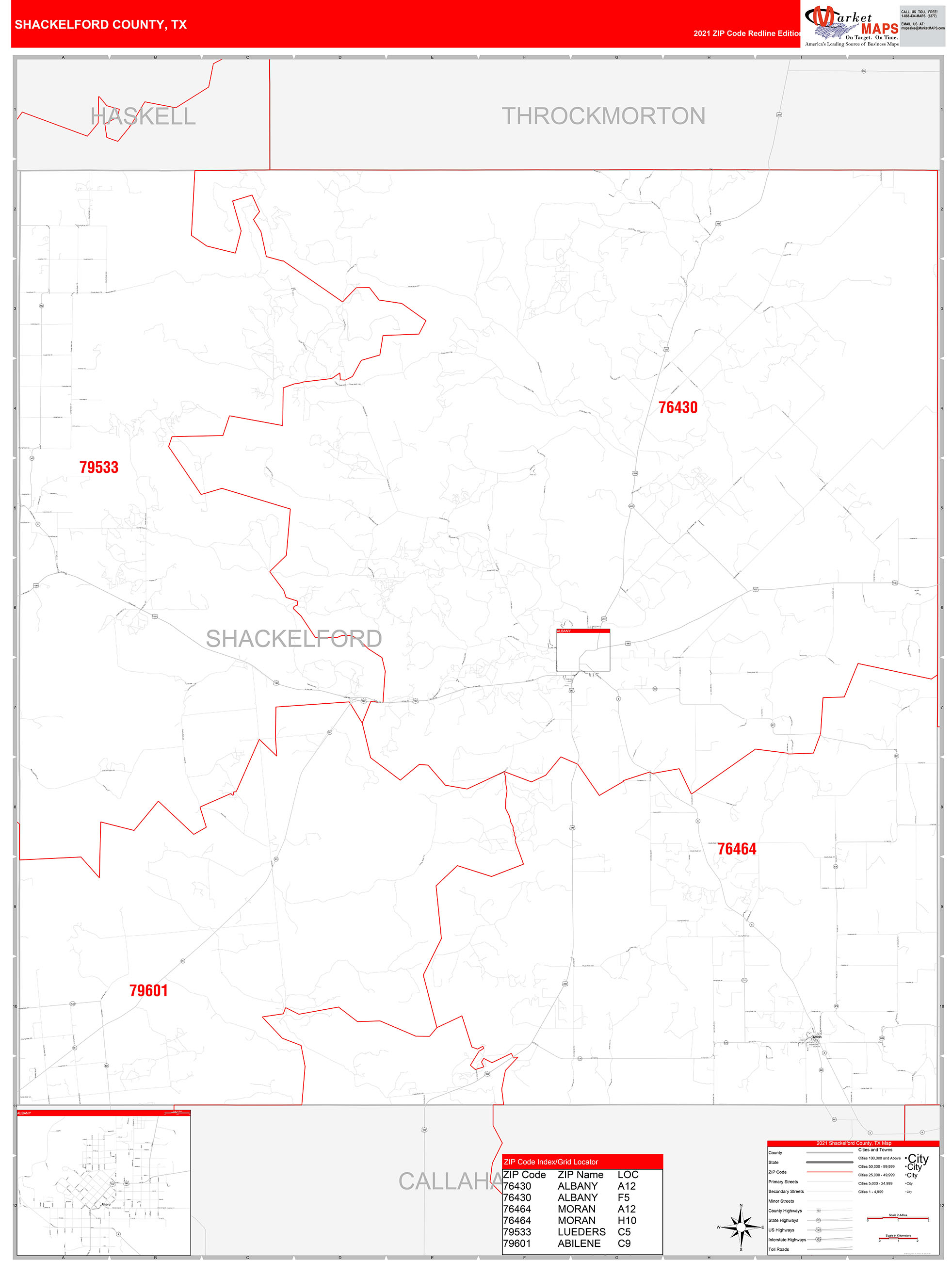 Shackelford County, TX Zip Code Wall Map Red Line Style by MarketMAPS
