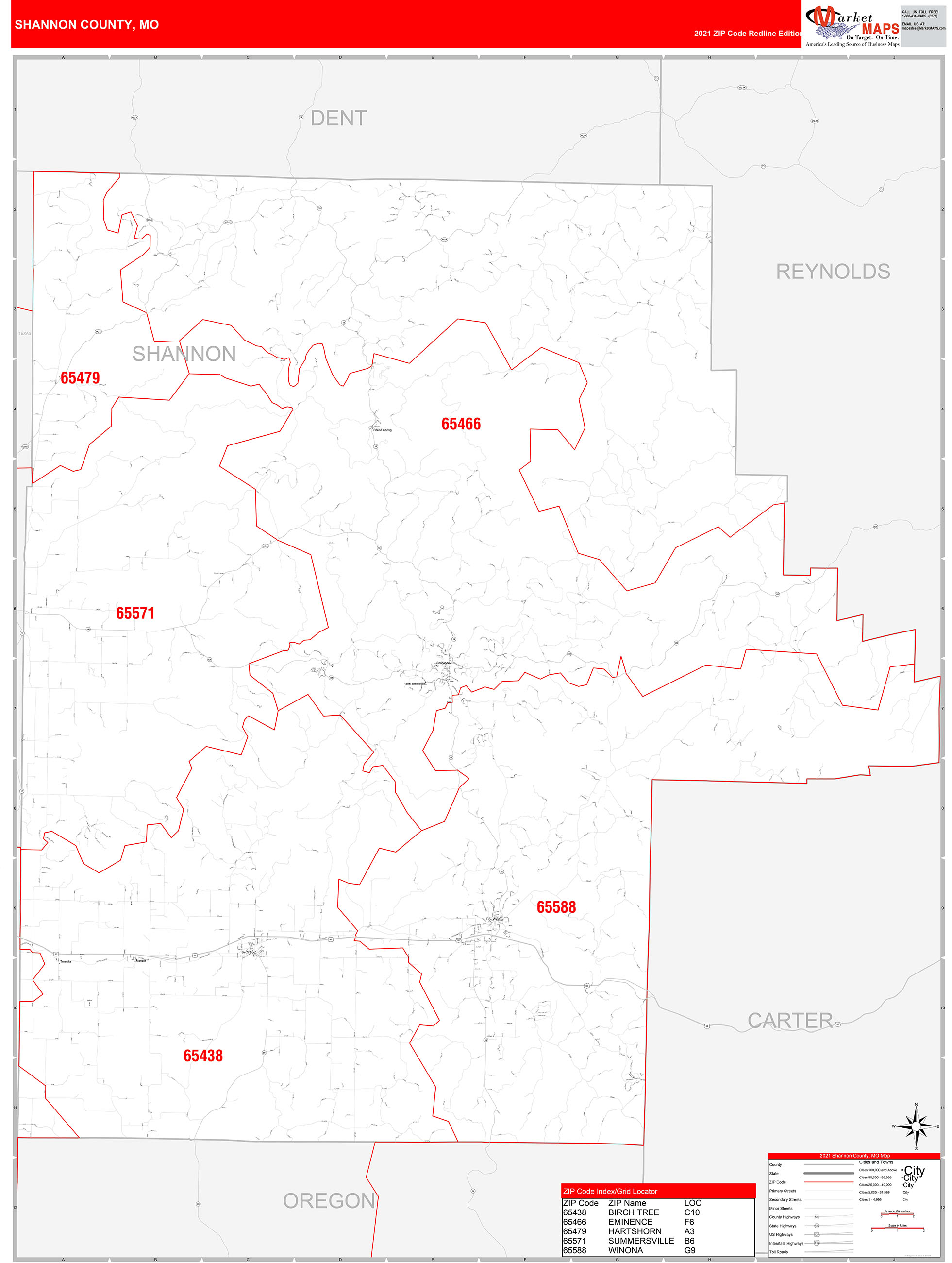 Shannon County, MO Zip Code Wall Map Red Line Style by MarketMAPS