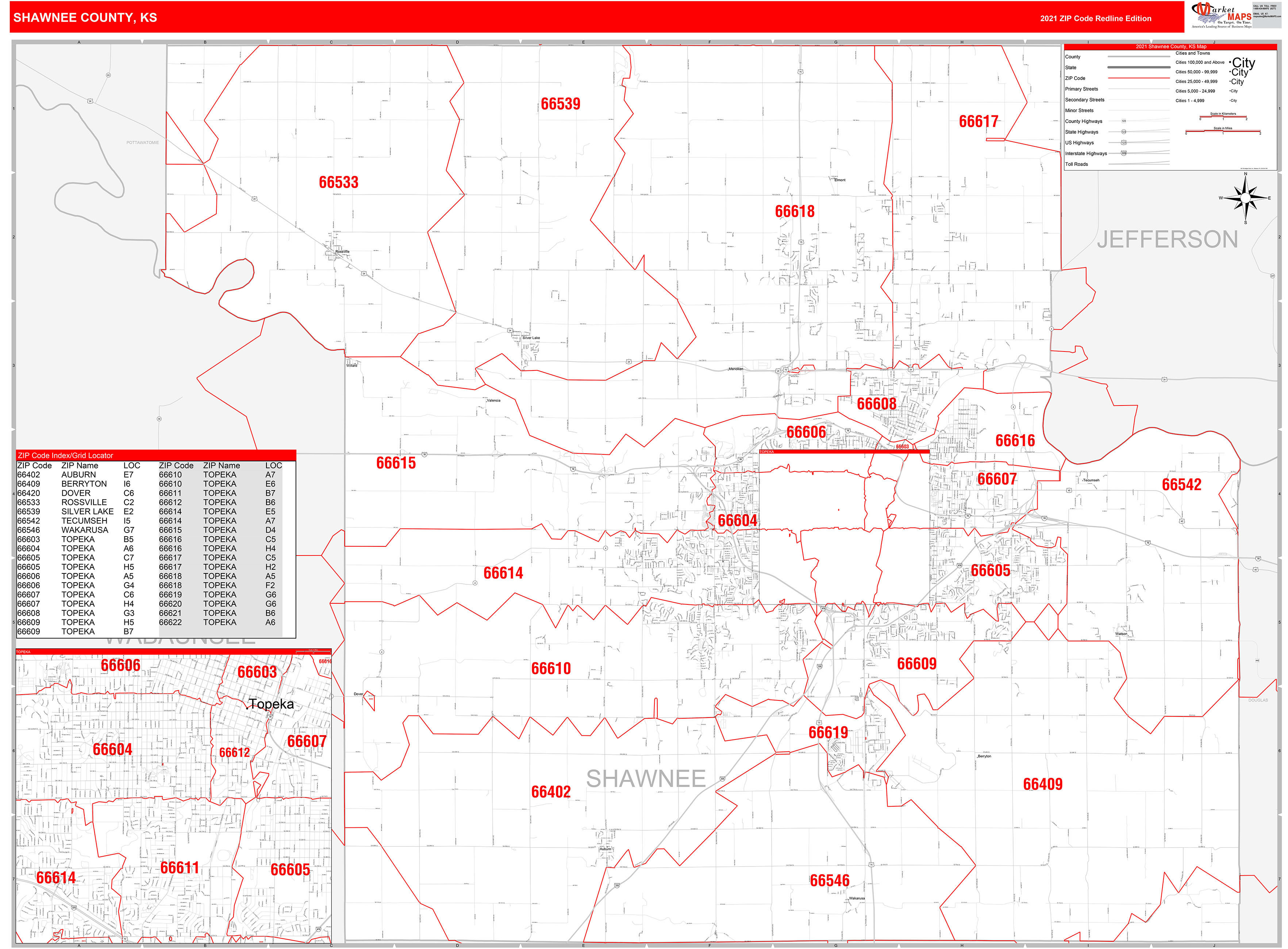 Shawnee County, KS Zip Code Wall Map Red Line Style by MarketMAPS