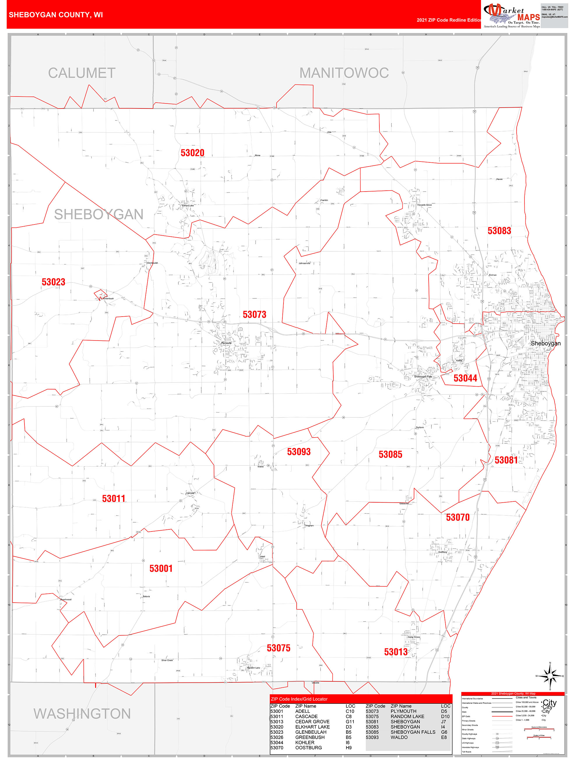 Sheboygan County, WI Zip Code Wall Map Red Line Style by MarketMAPS