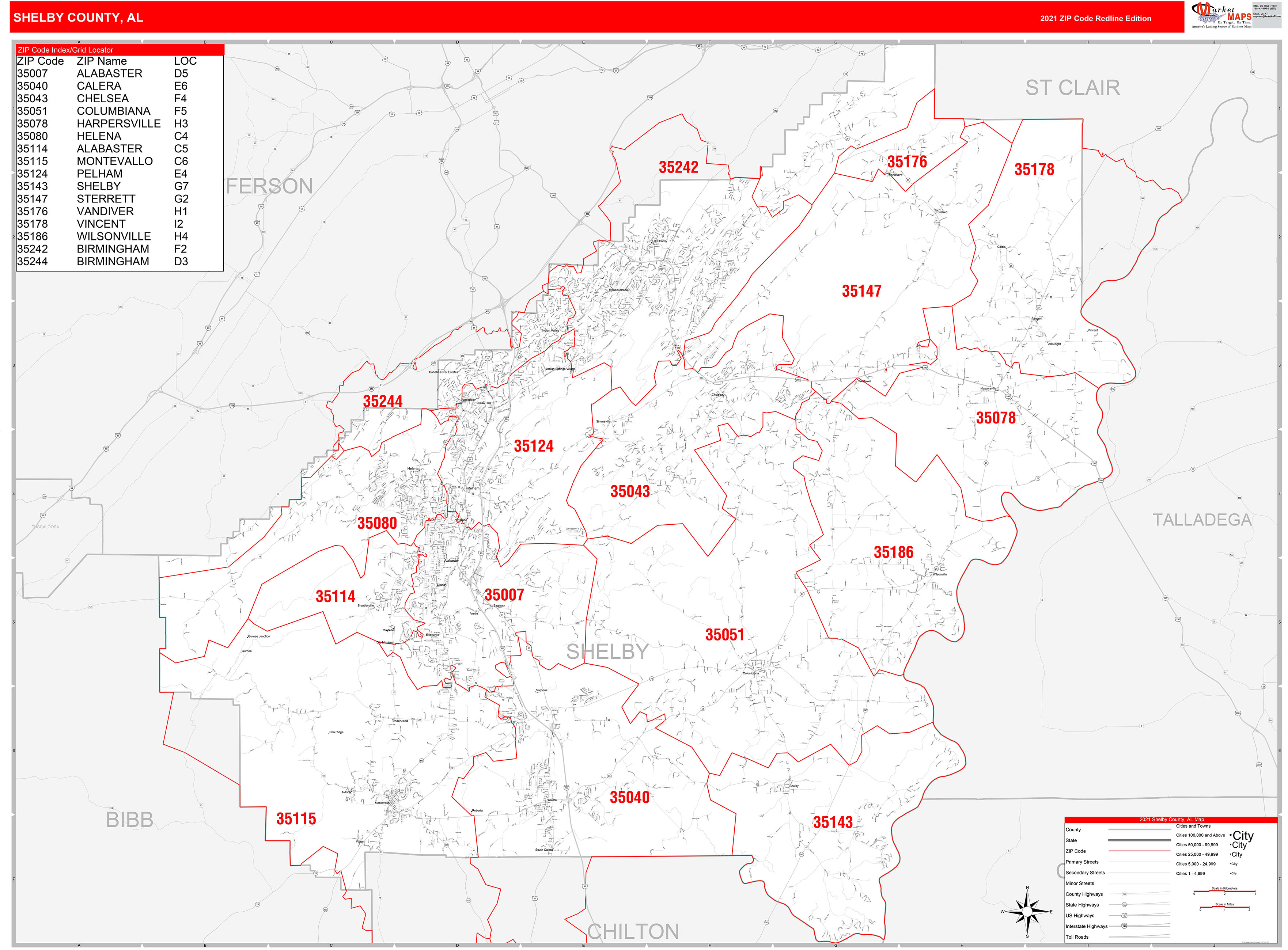 Shelby County, AL Zip Code Wall Map Red Line Style by MarketMAPS MapSales