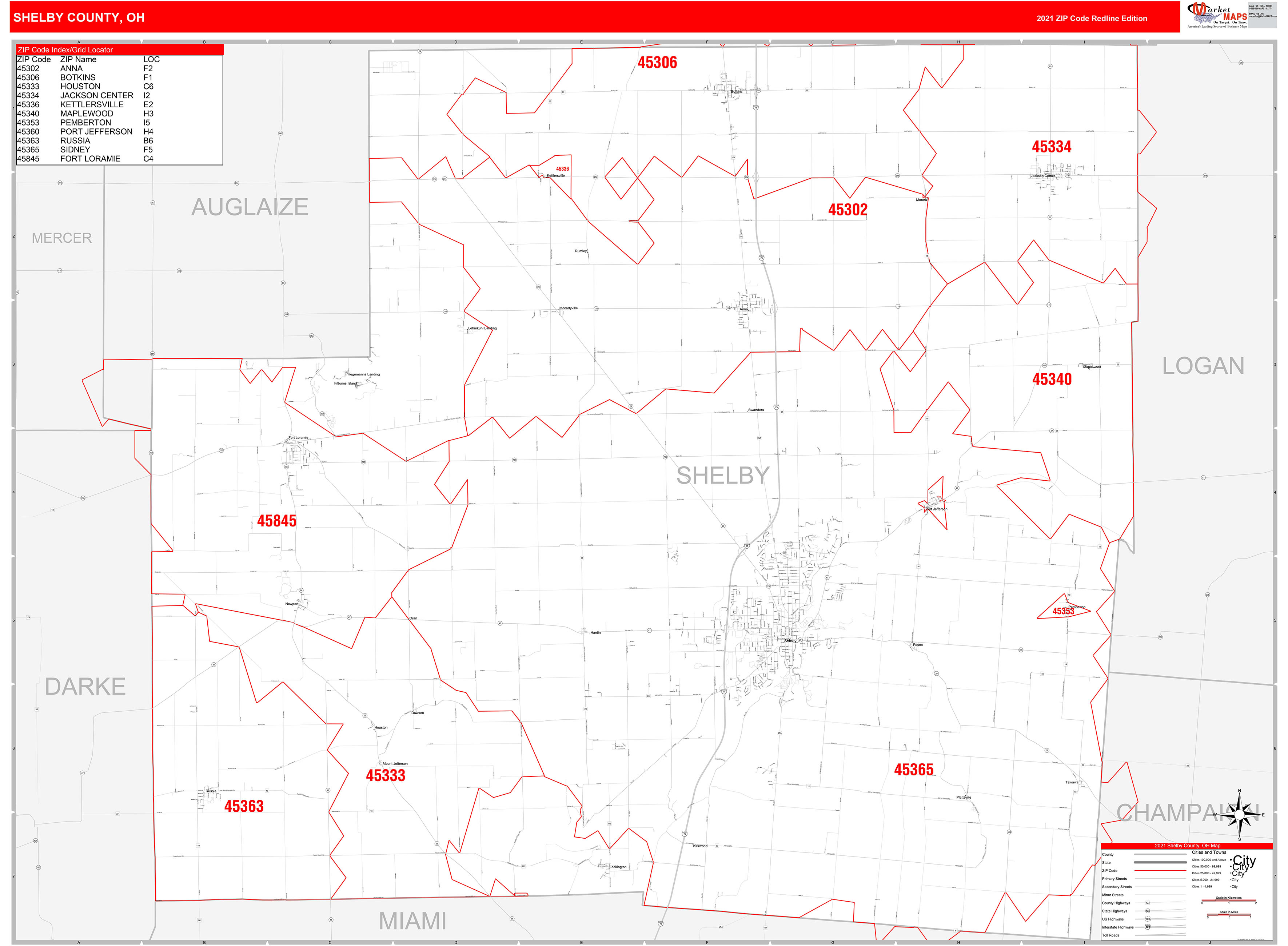 Shelby County, OH Zip Code Wall Map Red Line Style by MarketMAPS MapSales